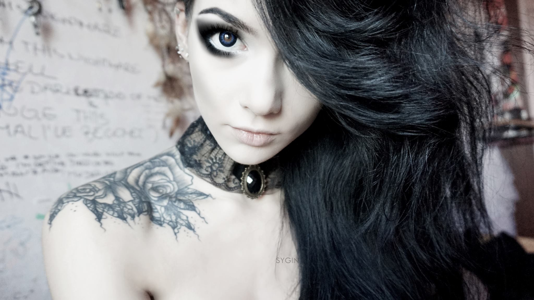 People 2048x1150 model emo tattoo Sygin dark hair women