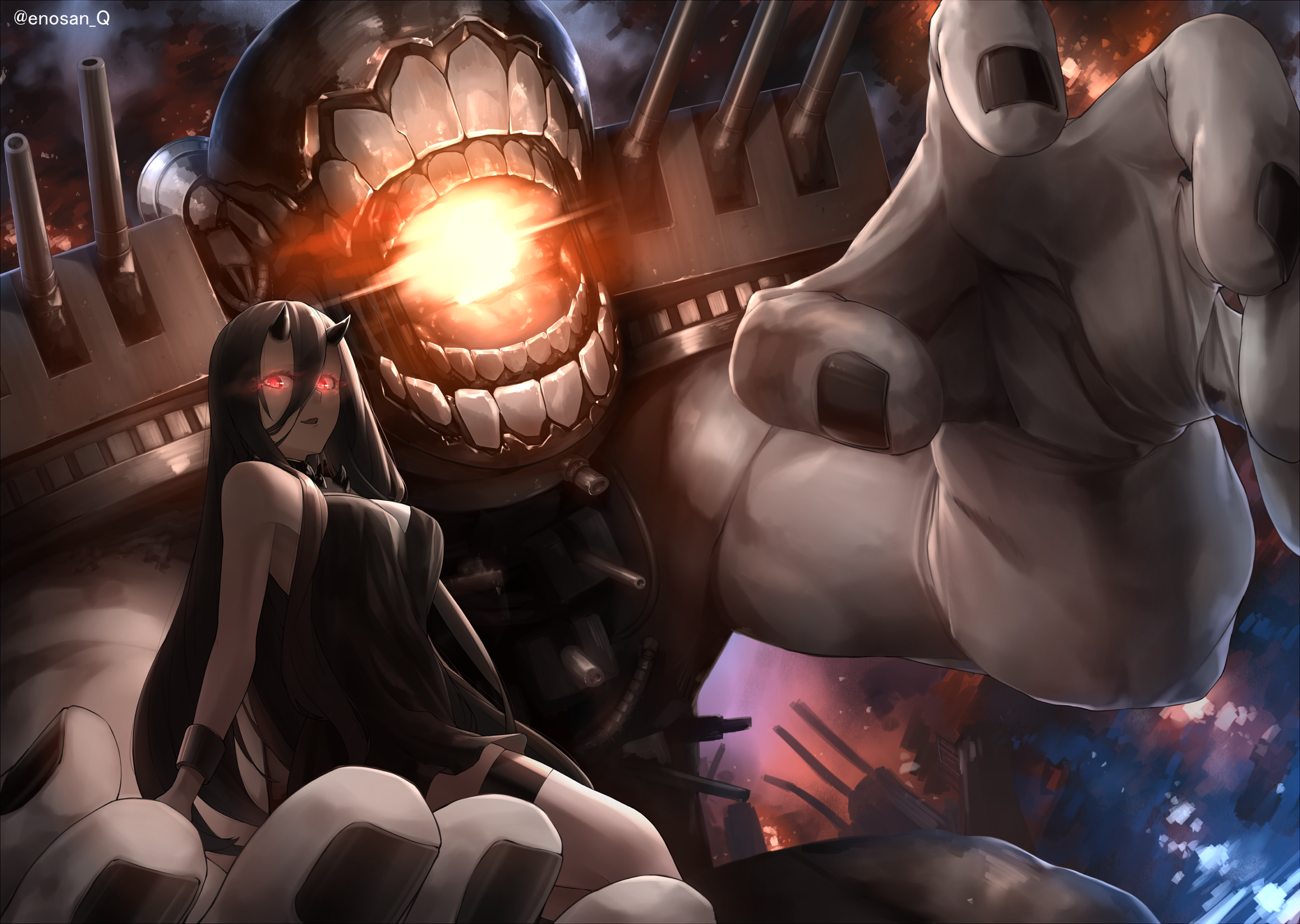 Anime 3093x2200 anime anime girls Kantai Collection dress fire pale giant horns cannons long hair looking at viewer red eyes charger