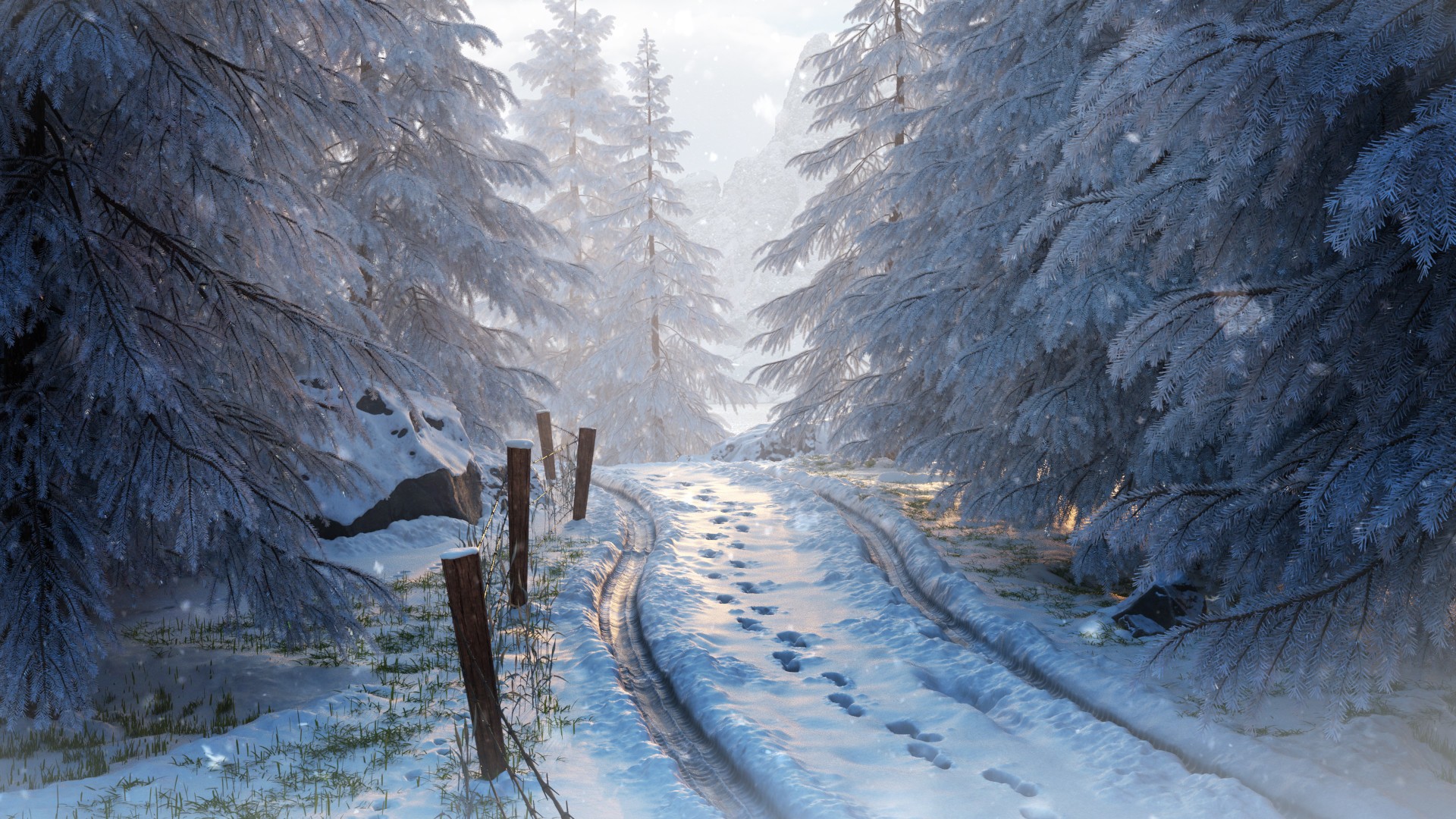 General 1920x1080 winter road trees snow ice cold nature outdoors fence footprints