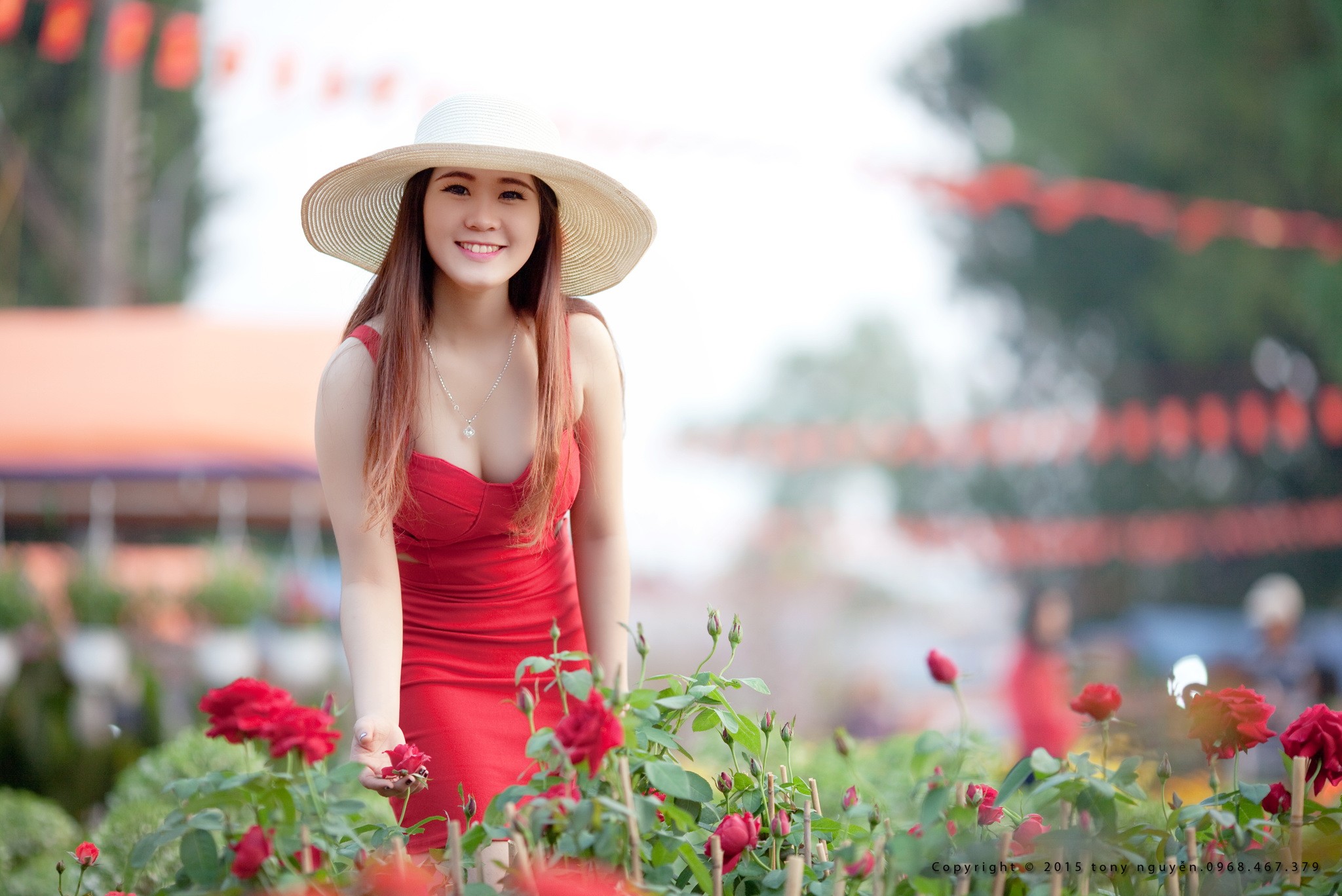 People 2048x1368 millinery redhead long hair red dress necklace smiling cleavage red flowers standing women 2015 (Year) dress red clothing hat women with hats women outdoors looking at viewer dyed hair watermarked