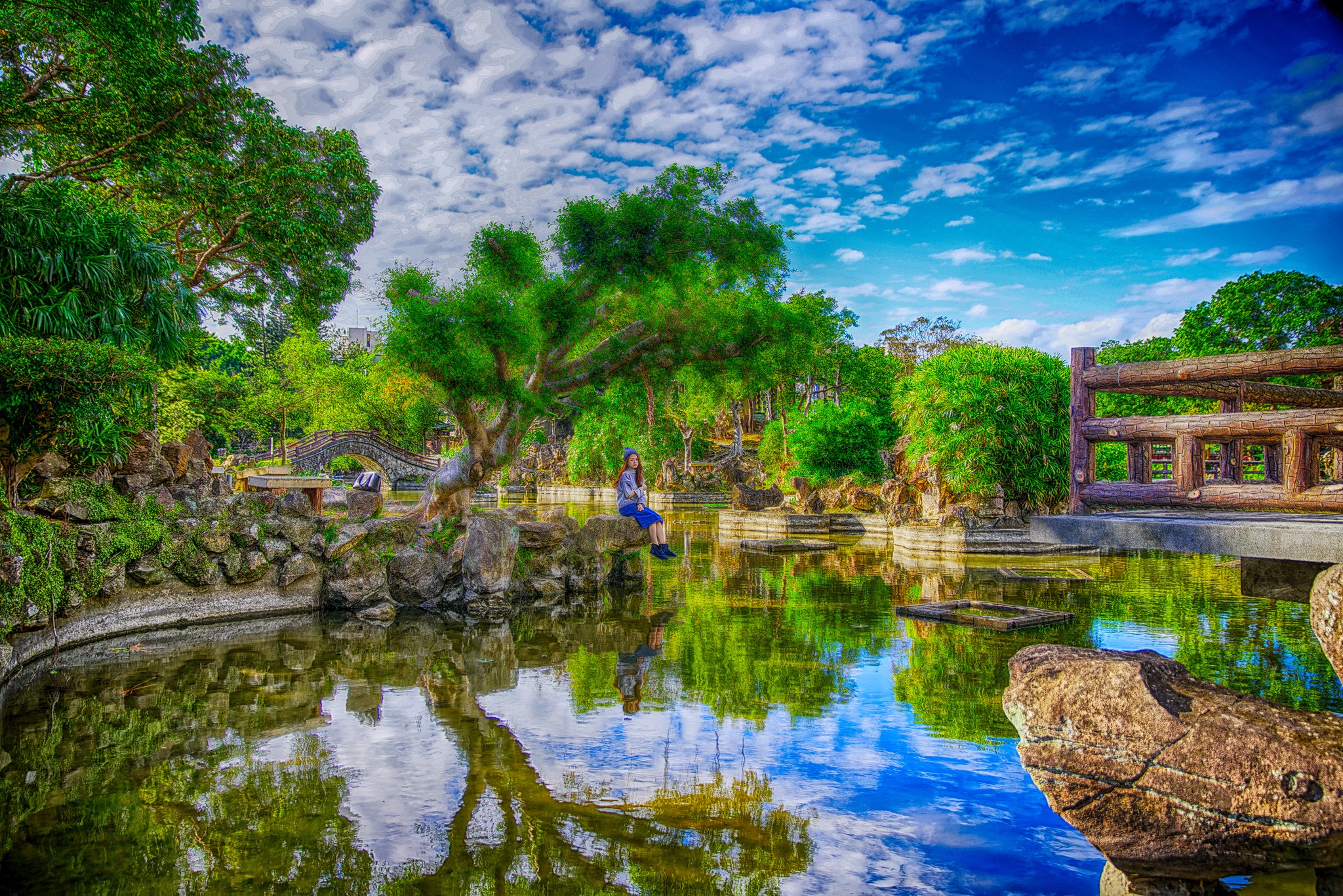 General 2048x1366 HDR park sitting water reflection clouds trees plants Asian women women outdoors model
