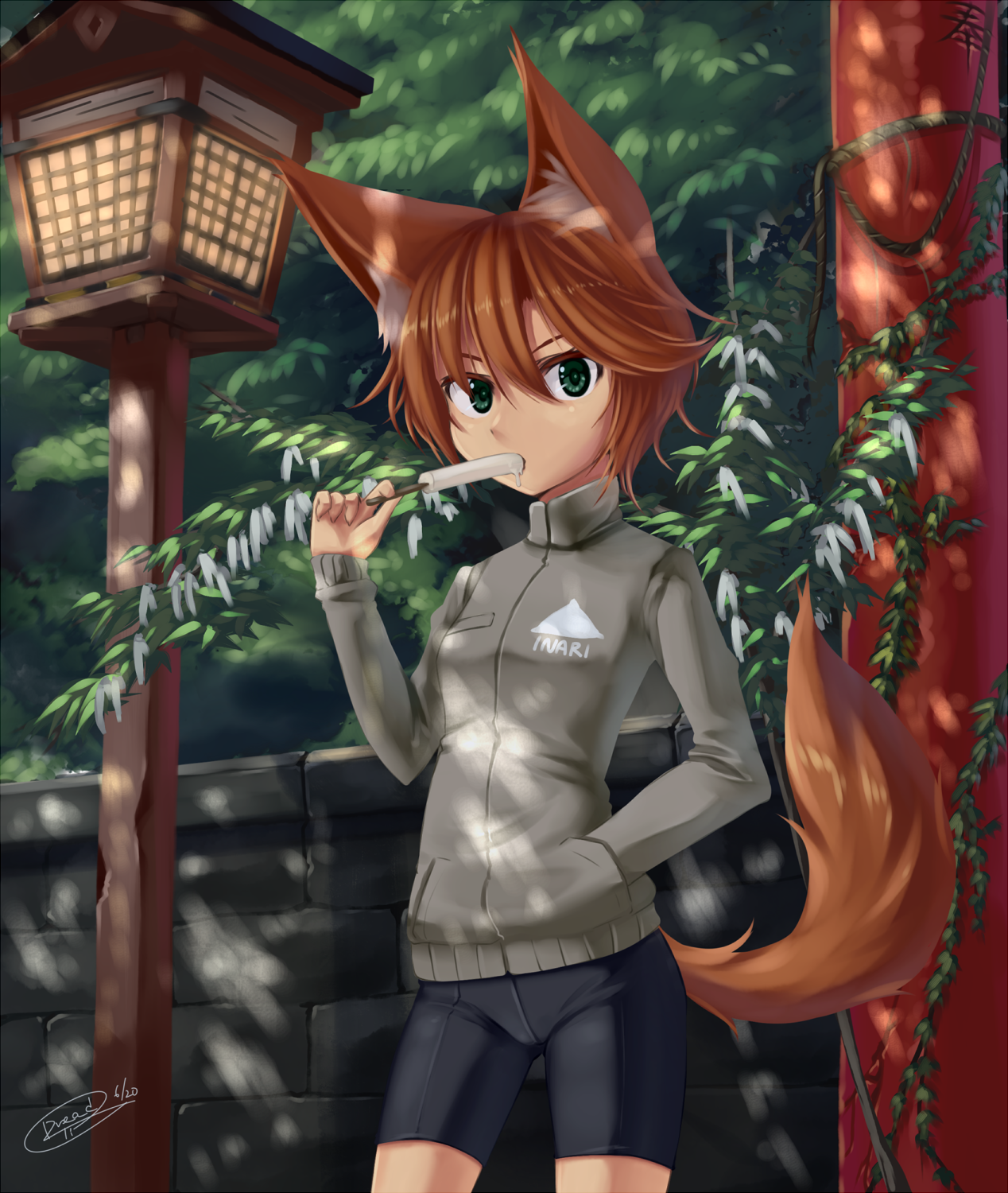 Anime 1268x1500 anime anime girls animal ears forest ice cream fox girl Pixiv food sweets popsicle hair in face