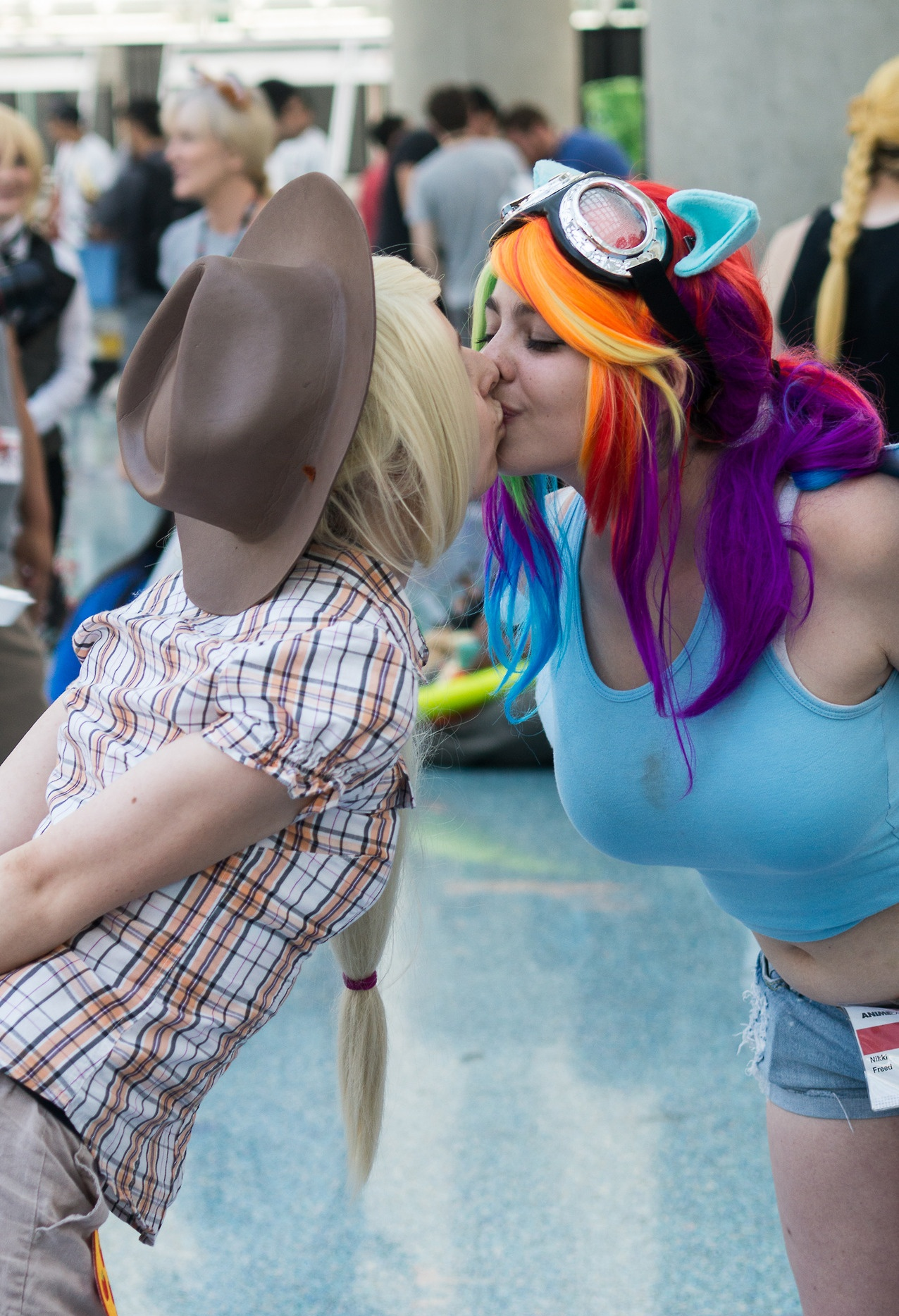 People 1276x1868 women kissing lesbians cosplay My Little Pony Rainbow Dash Applejack multi-colored hair two women boobs hat women with hats dyed hair