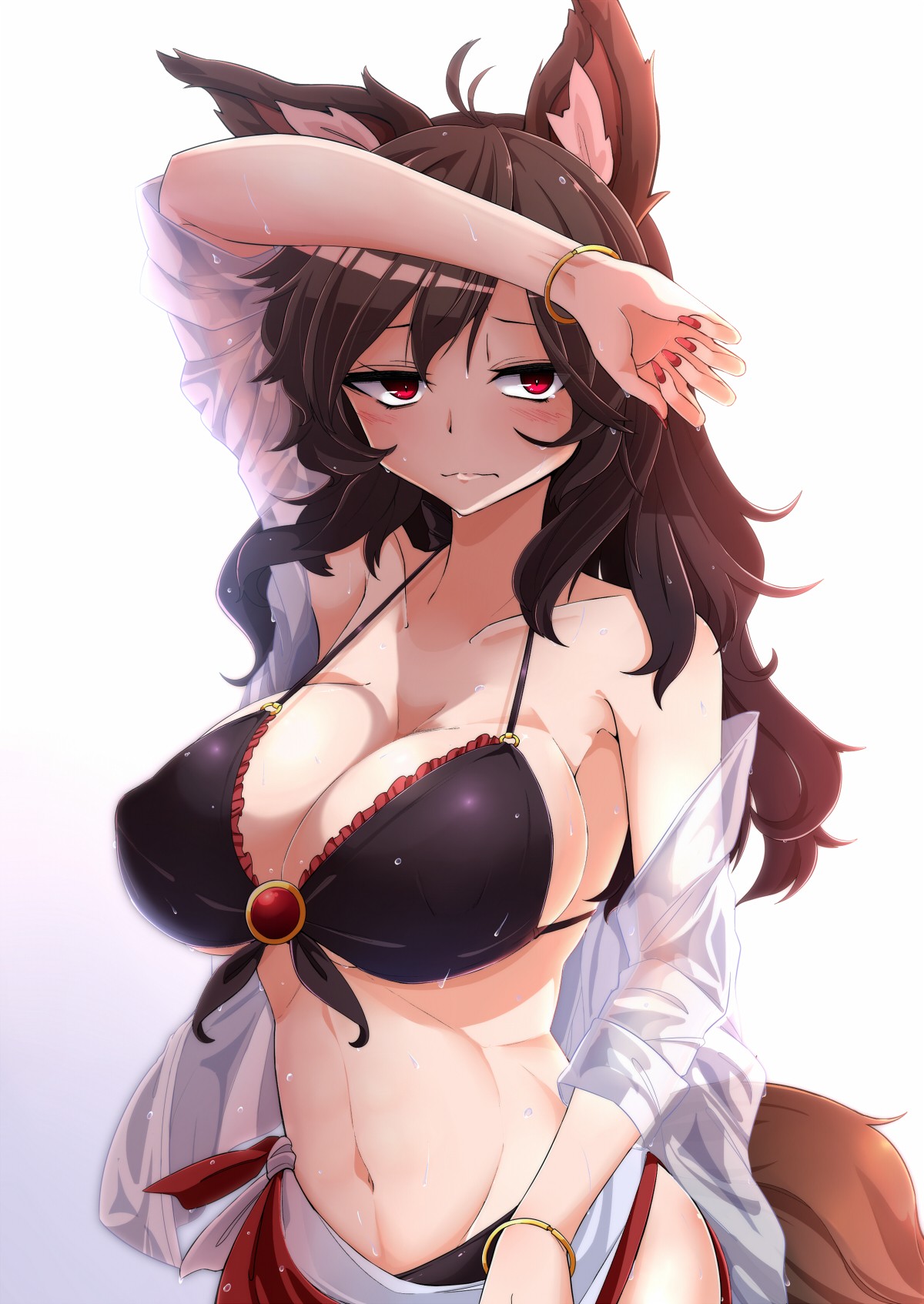 Anime 1200x1694 anime anime girls Imaizumi Kagerou Touhou animal ears bikini cleavage open shirt tail wet clothing long hair red eyes brunette long nails red nails big boobs wolf ears boobs huge breasts curvy belly
