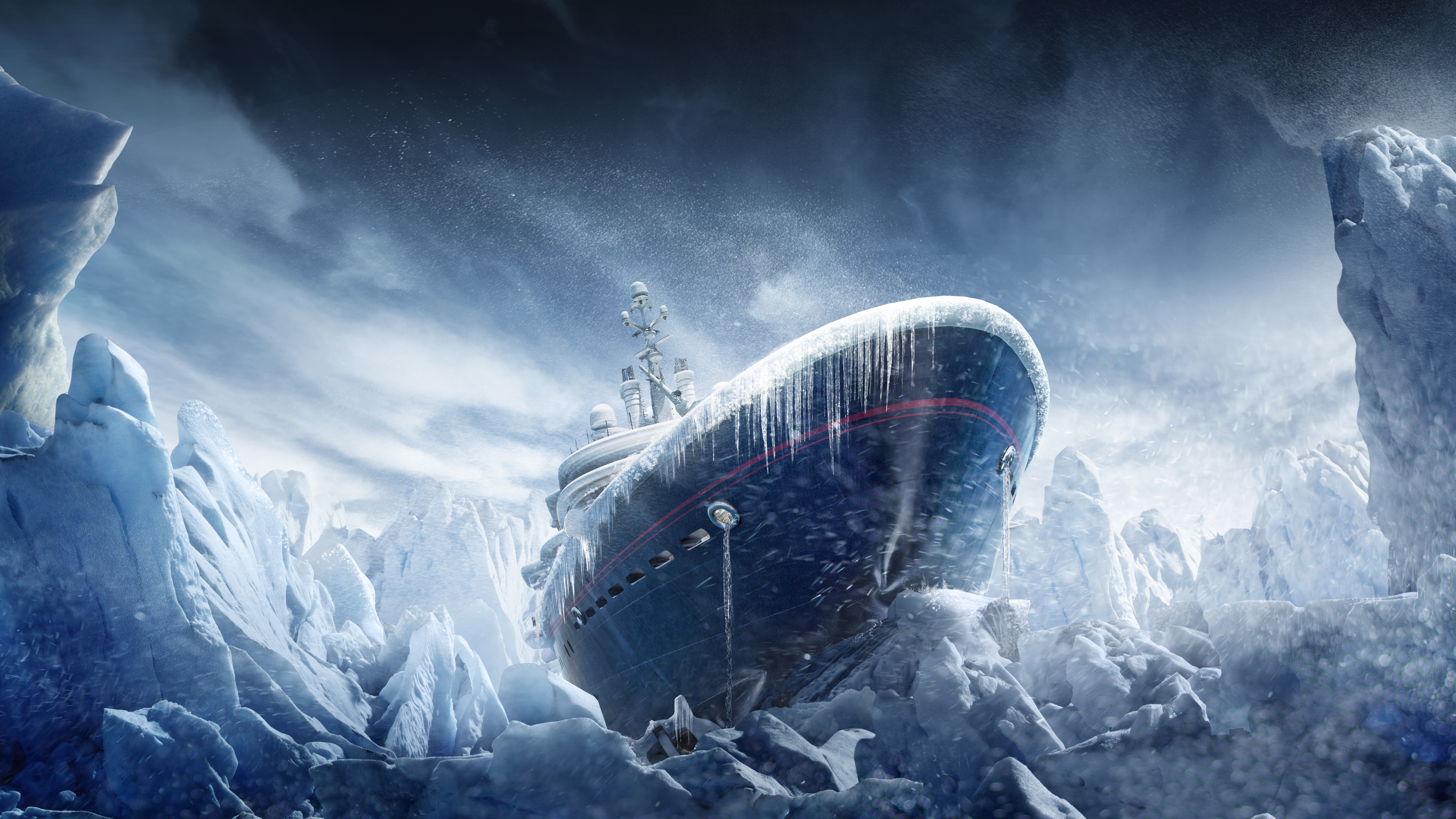 General 7680x4320 ship ice artwork cold snow storm vehicle digital art