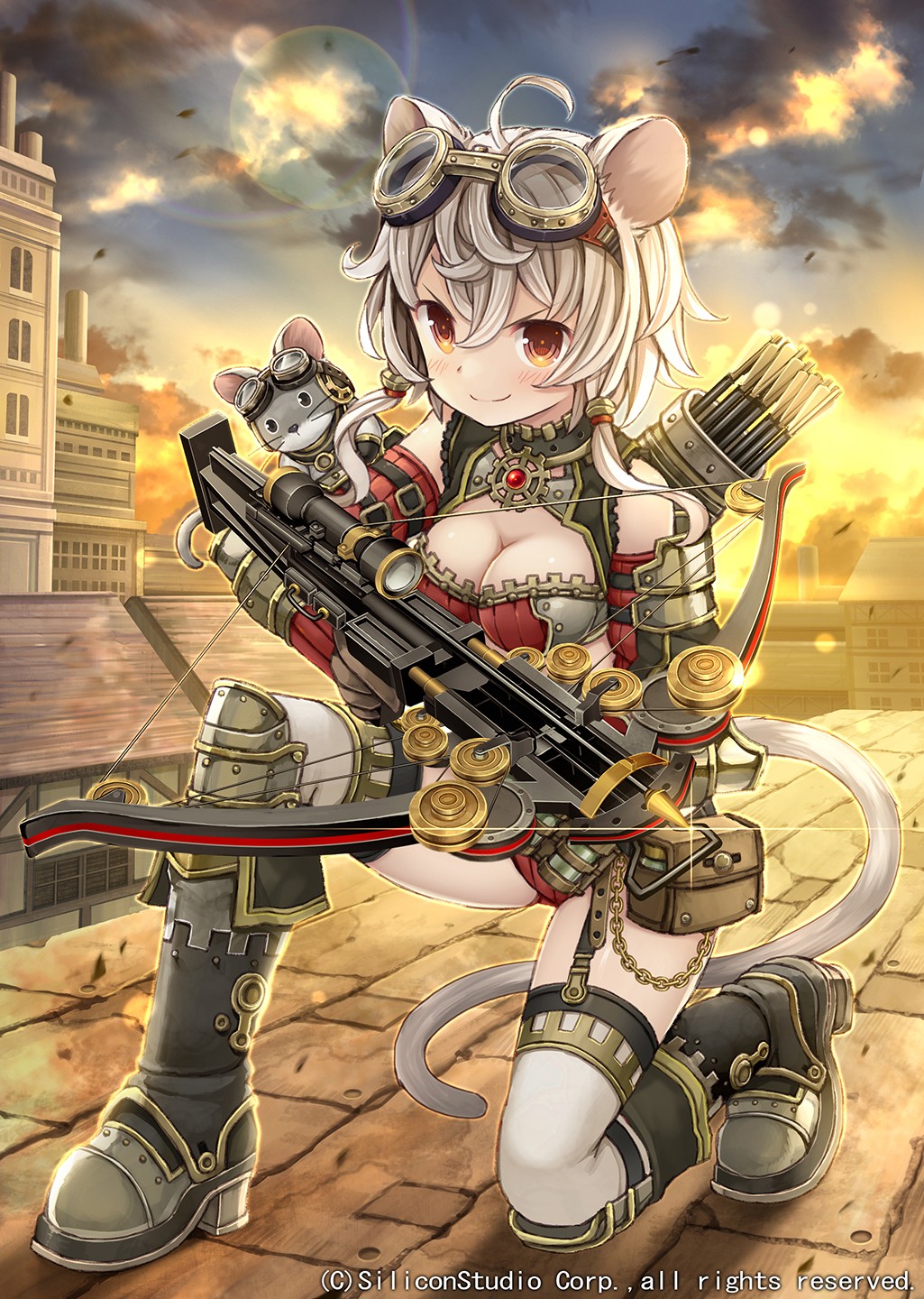 Anime 1025x1440 anime anime girls armor animal ears red eyes weapon crossbow women Pixiv boobs boots smiling goggles blonde kneeling girls with guns