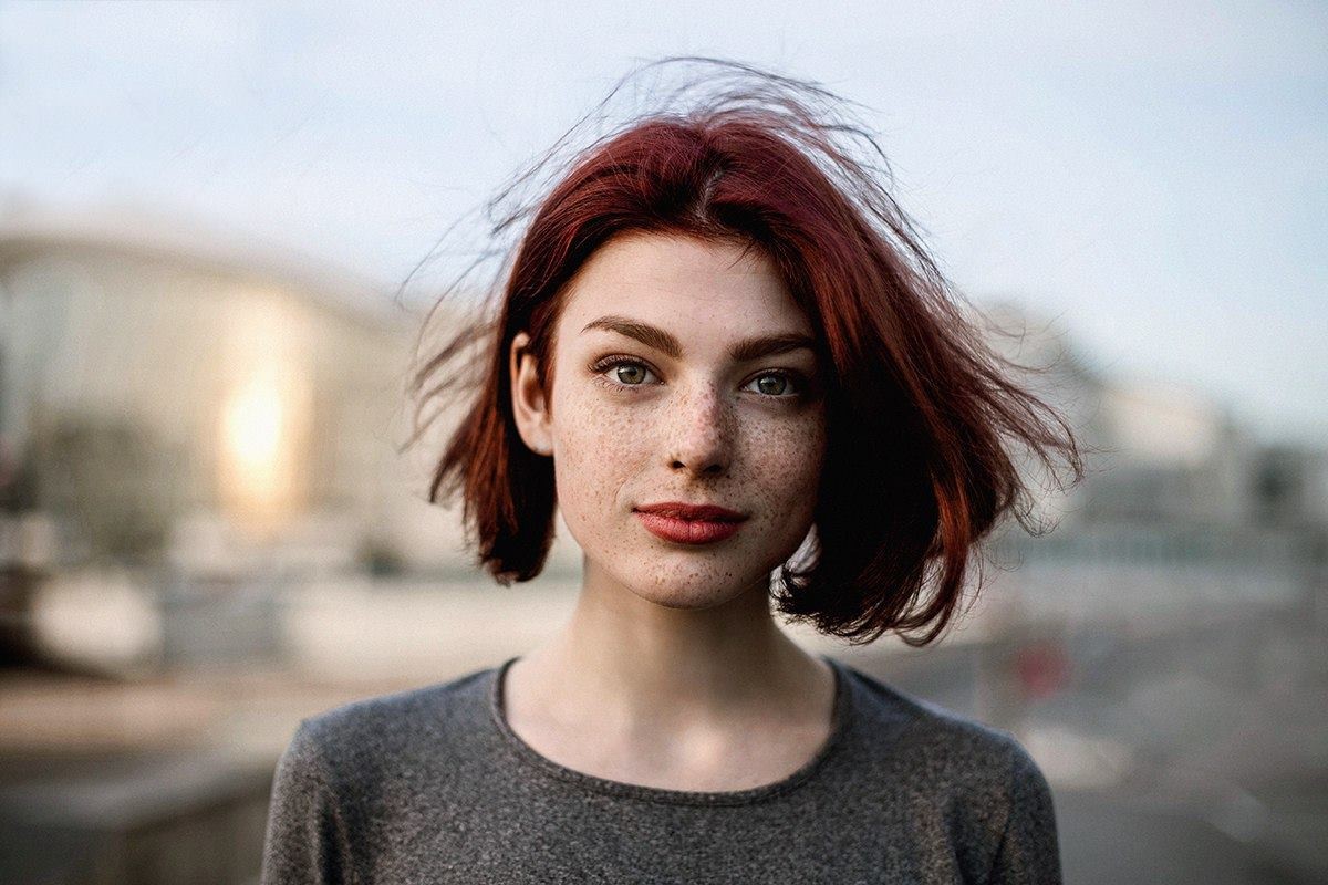 People 1200x800 women Mayya Giter redhead freckles red lipstick pale windy women outdoors face looking at viewer portrait closeup model urban lipstick dyed hair