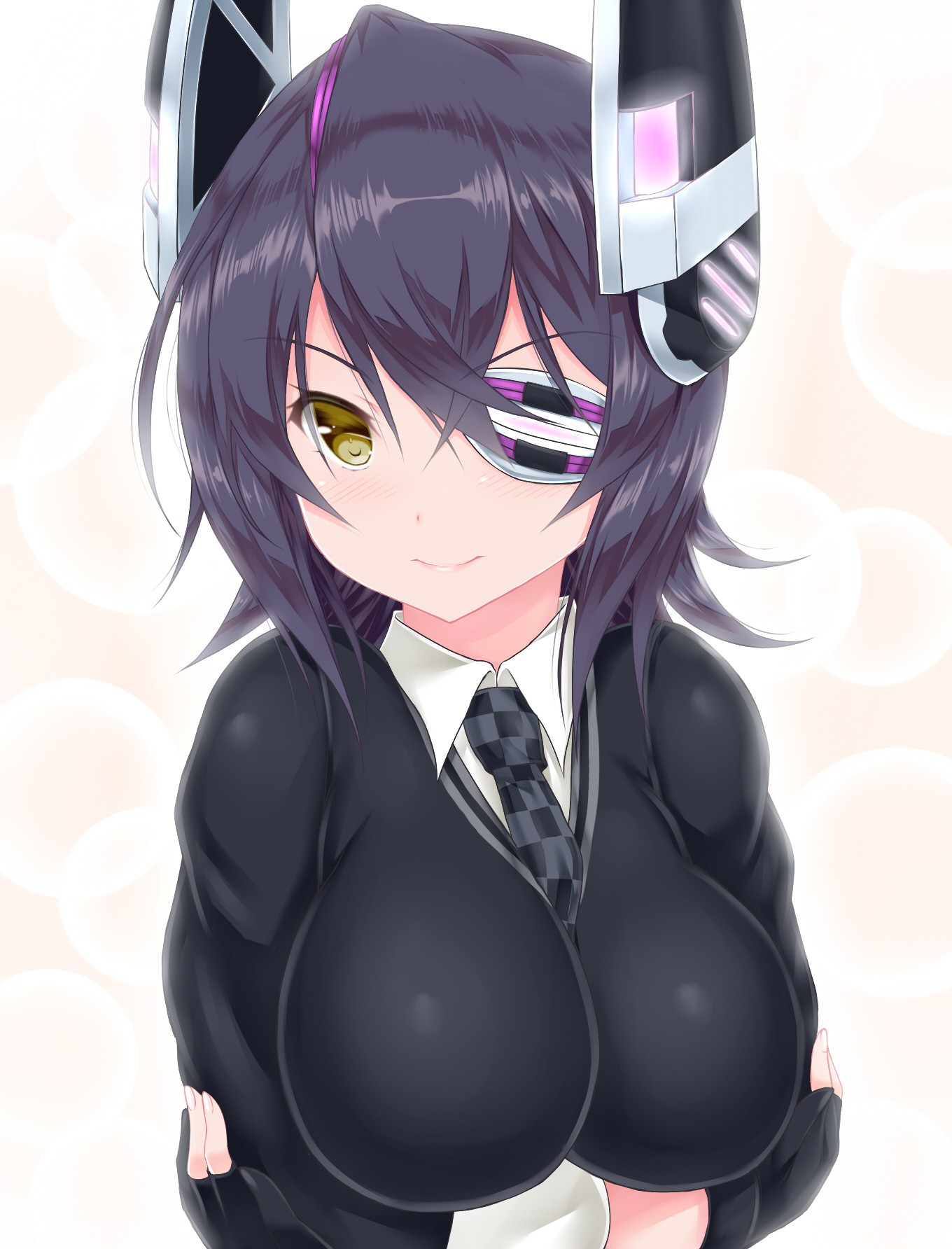 Anime 1360x1784 Kantai Collection Tenryuu (KanColle) purple hair boobs big boobs huge breasts curvy eyepatches shoulder length hair white background tie