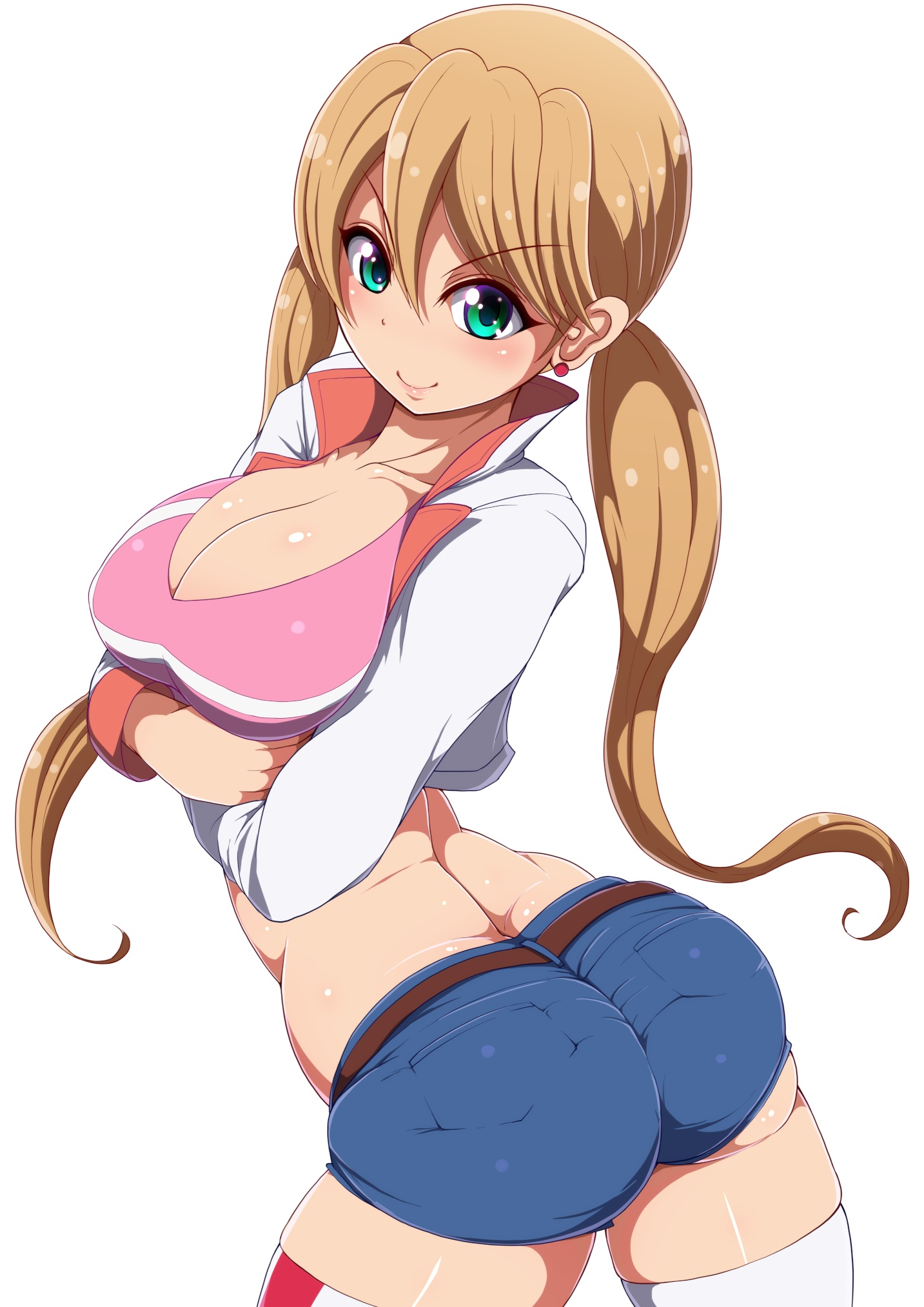 Anime 1433x2026 Lafter Frankland Mobile Suit Gundam: Iron-Blooded Orphans anime girls blonde twintails cleavage thigh-highs green eyes white background
