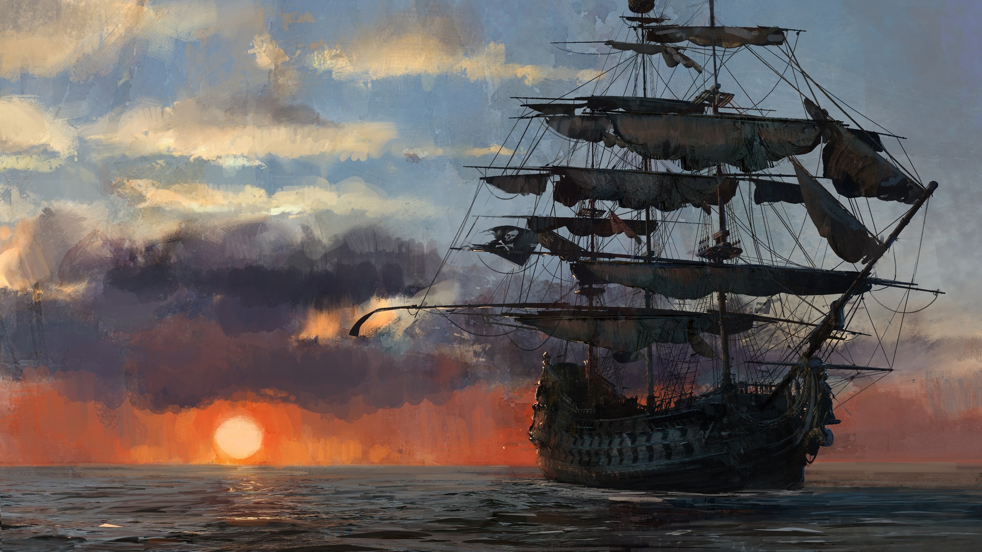 General 1920x1080 video games Skull & Bones (game) sea sunlight clouds Pirate ship