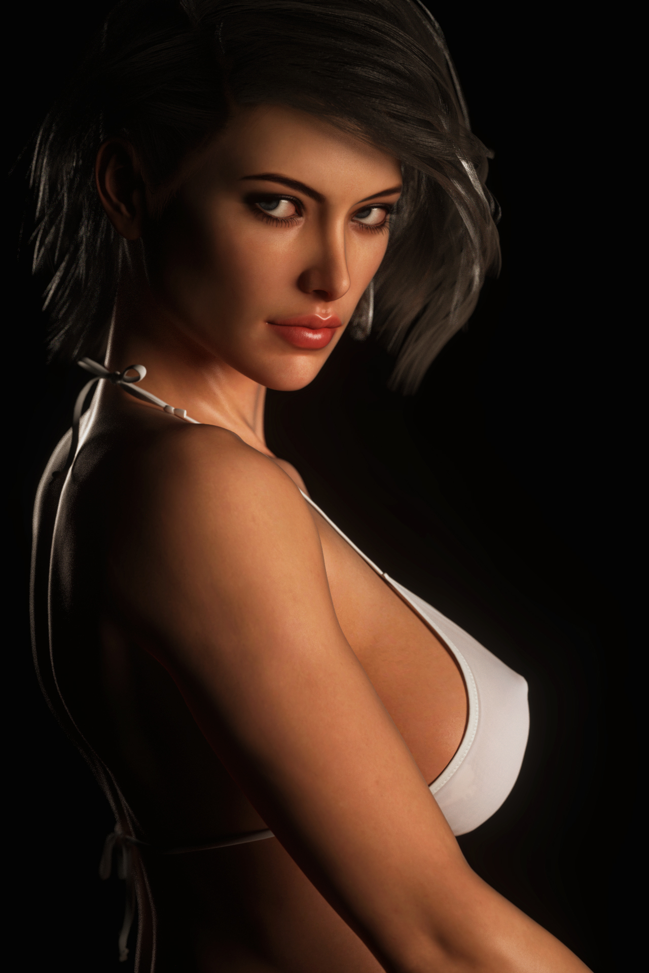 General 1280x1920 digital art women portrait display boobs bikini bikini top black background CGI brunette short hair
