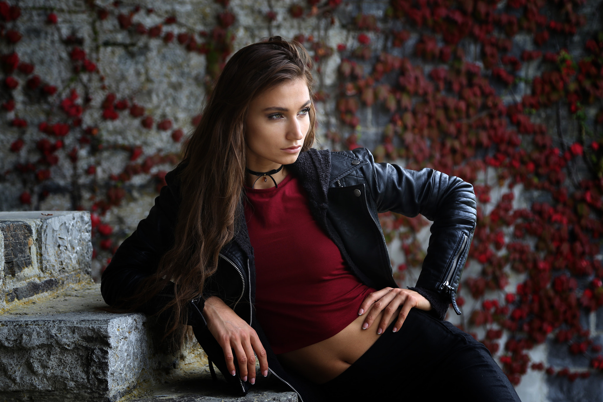 People 2048x1365 women portrait tanned Ilvy Kokomo choker looking away leather jacket jacket hands on hips red tops open jacket black jackets looking into the distance belly pink nails long hair Frank Verbreyt