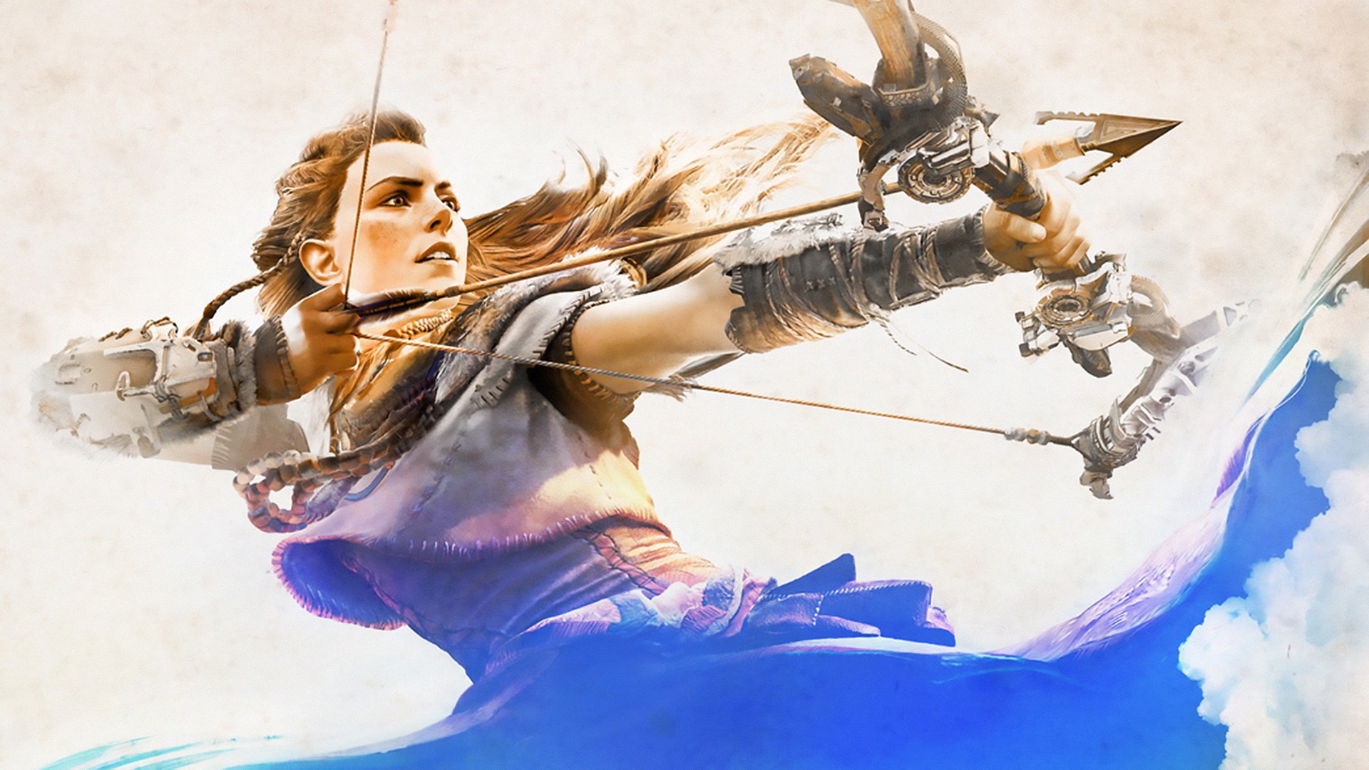 General 1920x1080 video games Horizon: Zero Dawn Aloy protagonist video game girls video game characters bow and arrow white background aiming girls with guns long hair