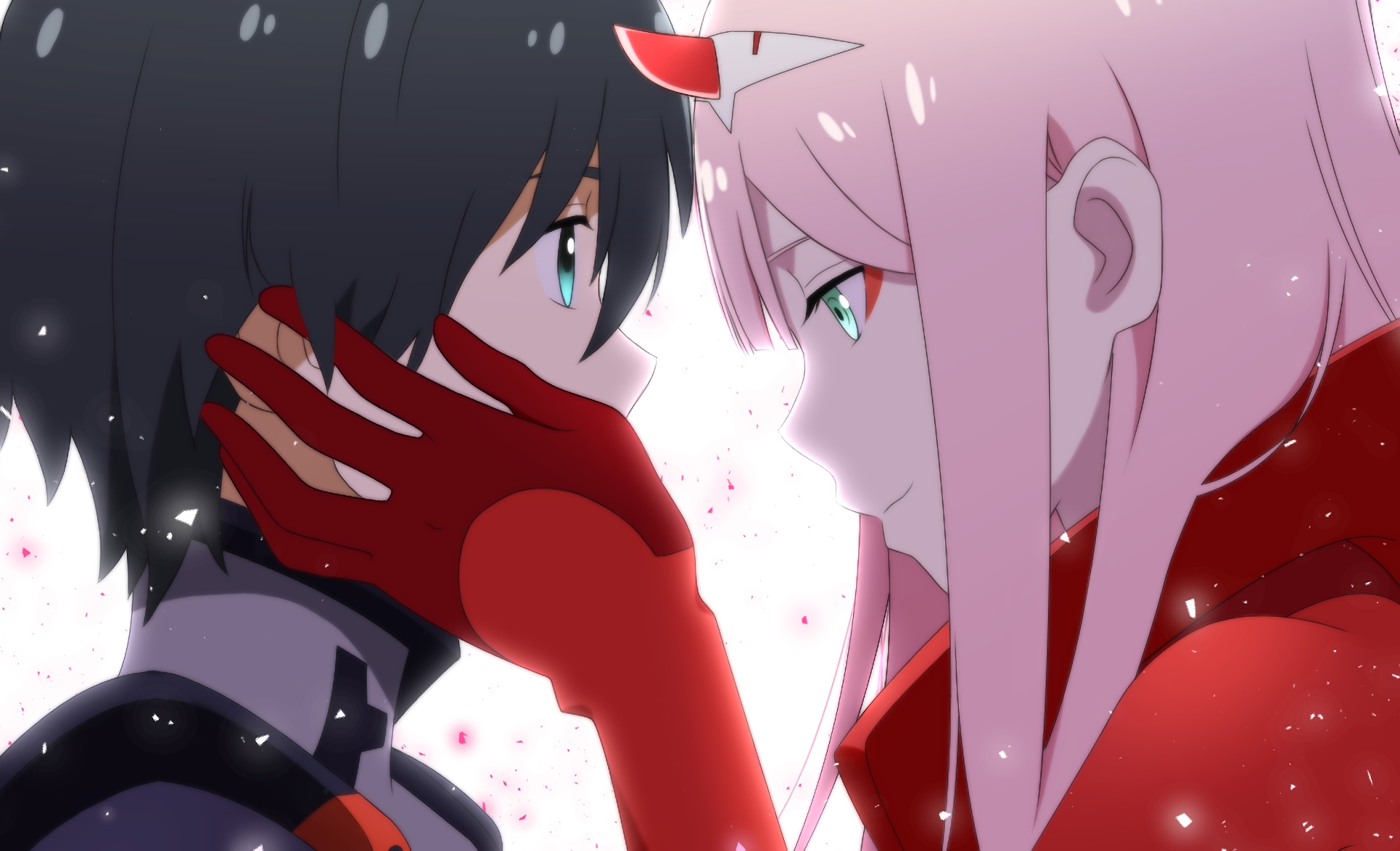 Anime 1920x1167 digital art artwork pink hair green eyes Darling in the FranXX Zero Two (Darling in the FranXX) anime anime girls mecha girls bodysuit long hair simple background horns anime boys black hair blue eyes romantic Hiro (Darling in the FranXX)