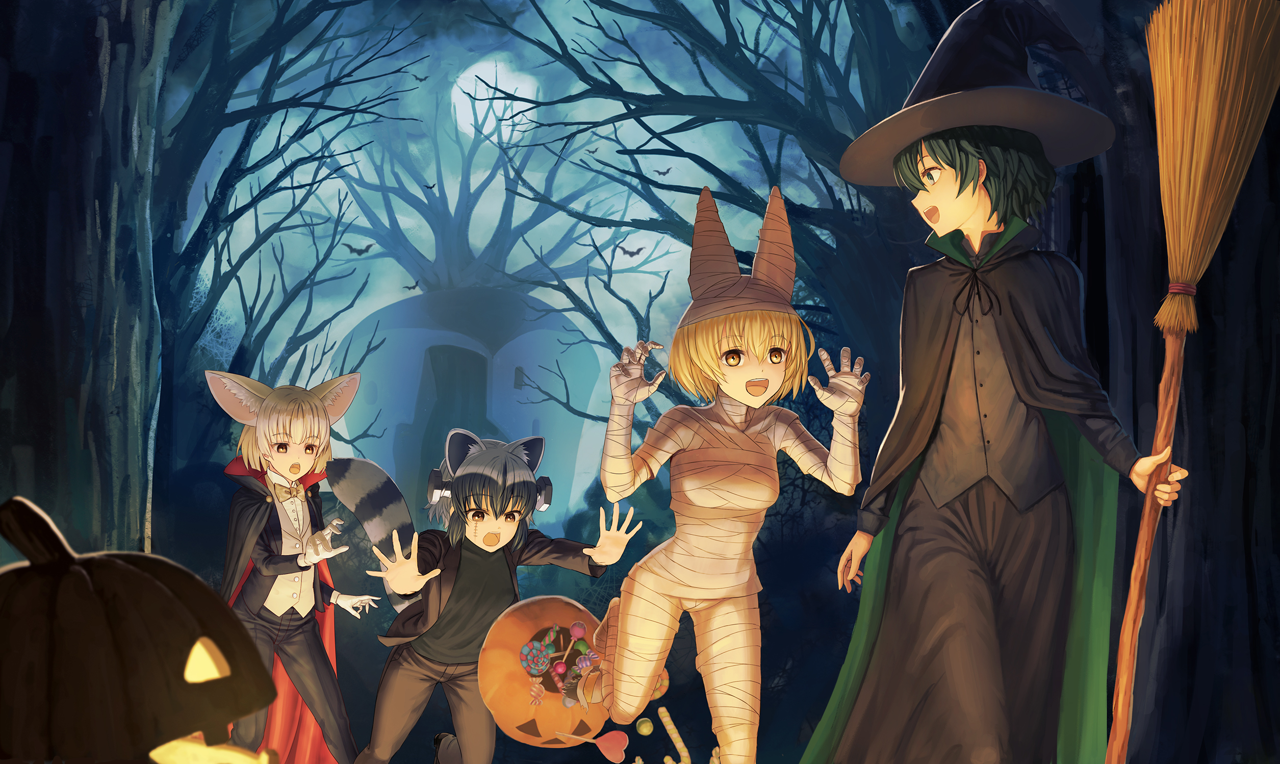 Halloween cat pumpkin in the night forest, 2D anime illustration. Stock  Illustration | Adobe Stock