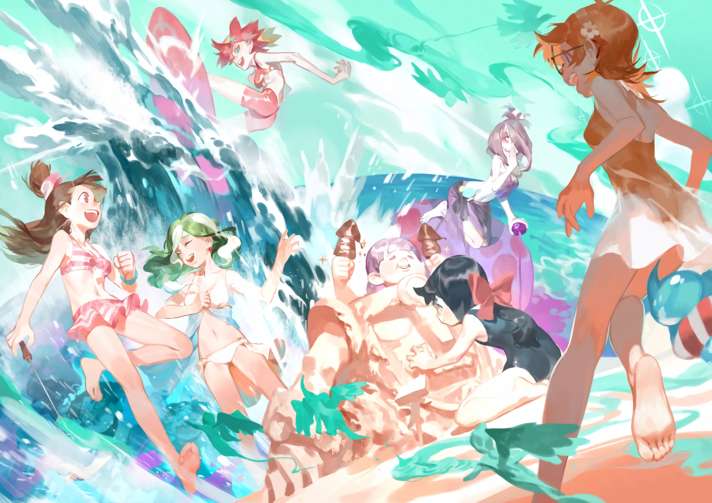 Anime 2720x1924 anime anime girls Little Witch Academia fan art Kagari Akko Yansson Lotte beach water sea Manbavaran Sucy