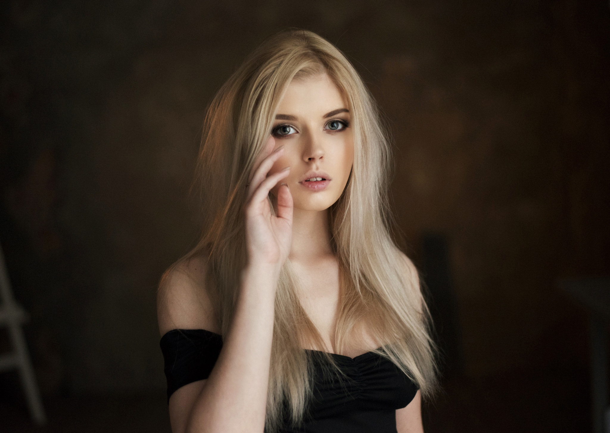 People 2048x1455 women Selena Verner Maxim Maximov bare shoulders portrait blonde simple background