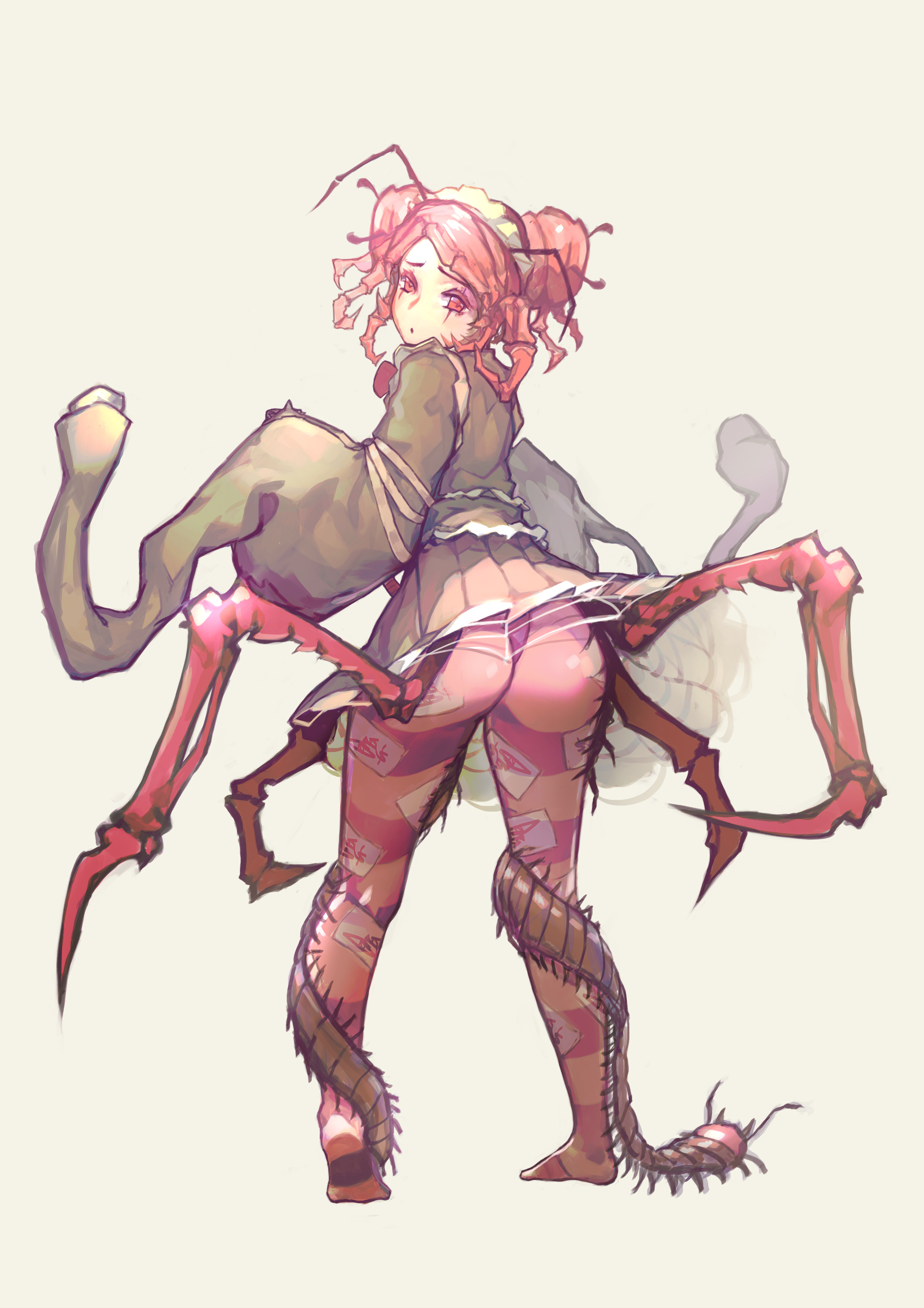 Anime 2480x3508 anime girls Overlord (anime) 2D thighs pantyhose purple panties rear view monster girl barefoot maid outfit striped kimono bangs odango red eyes open mouth looking back Entoma Vasilissa Zeta spiderwebs talisman headdress redhead long hair simple background anime looking at viewer ahoge centipede frills ecchi miniskirt lifting skirt hairbun ass Spider-Woman
