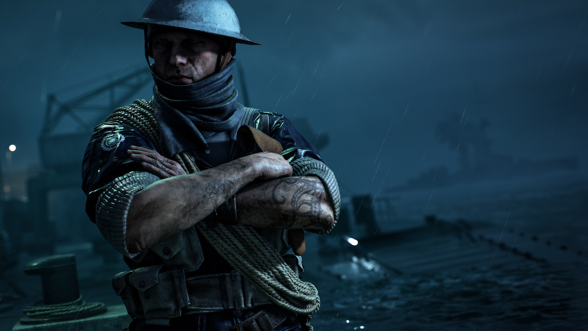 General 1920x1080 Battlefield (game) Battlefield 1 video games soldier helmet tattoo rain ropes EA DICE Electronic Arts World War I arms crossed video game art screen shot video game characters CGI closed mouth frown