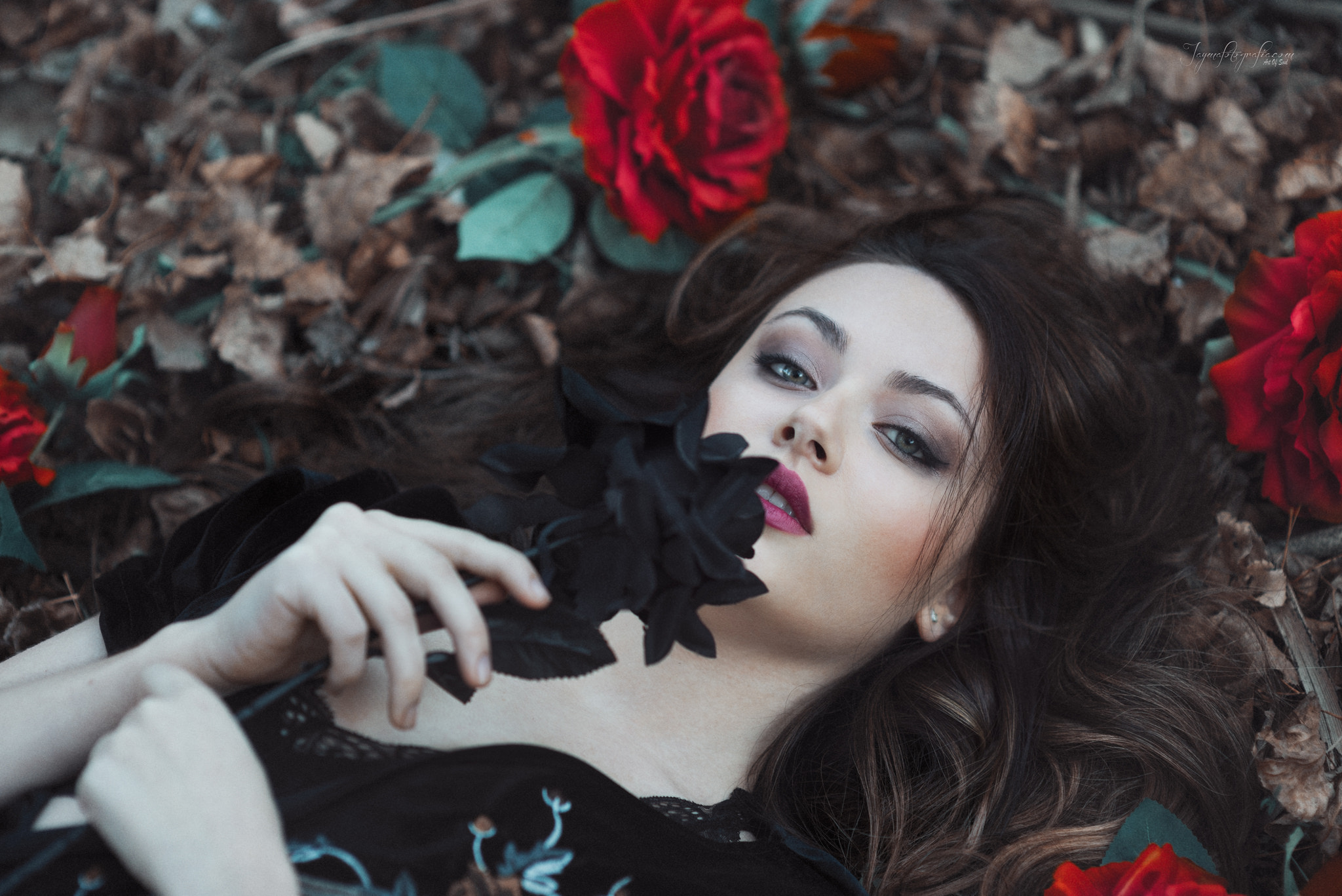 People 2048x1367 women portrait rose leaves red lipstick face flowers Javier Jayma Julieta Garcia black clothing
