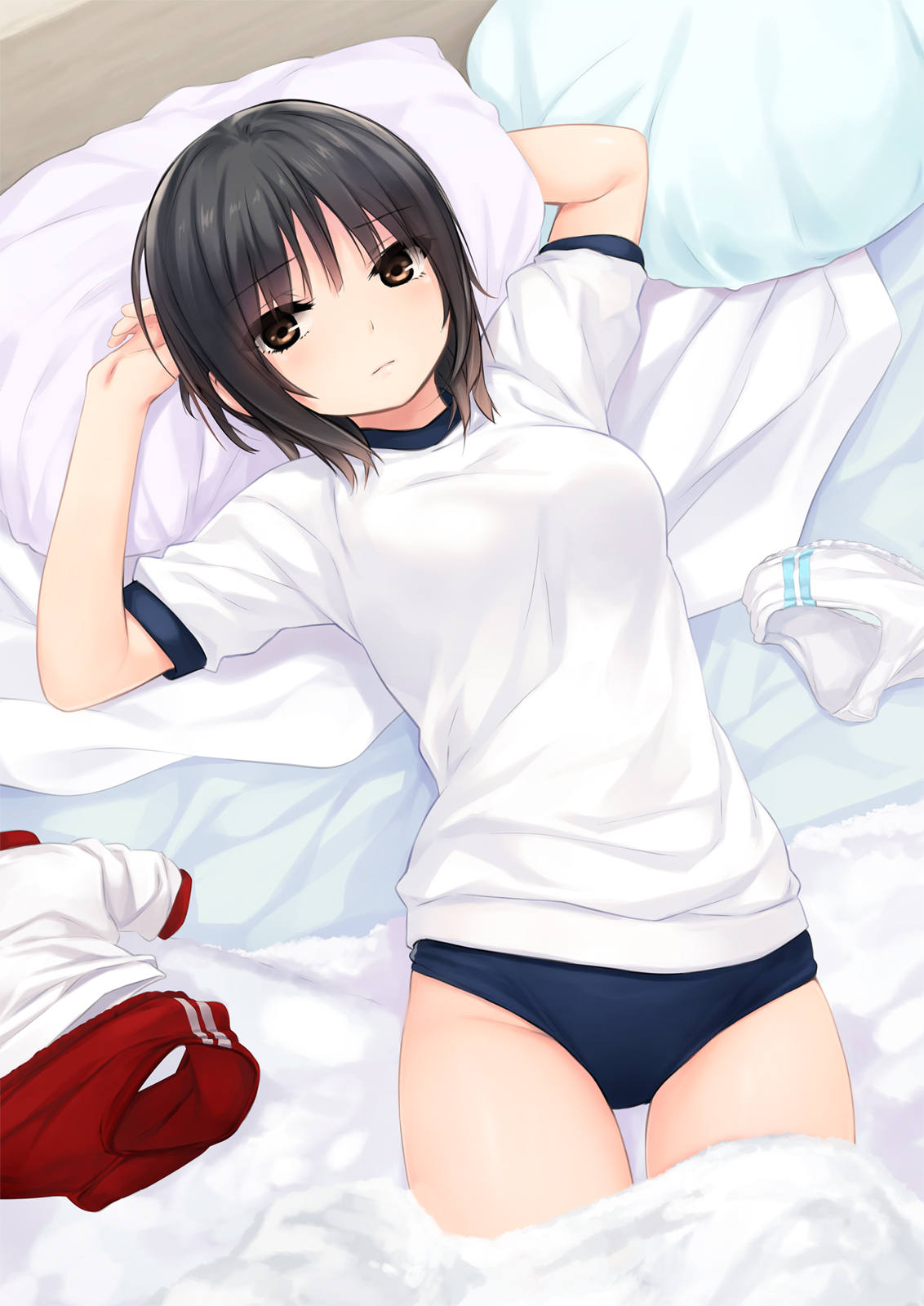 Anime 1132x1600 anime girls short hair in bed Aoyama Sumika sportswear bloomers gym clothes Coffee-Kizoku