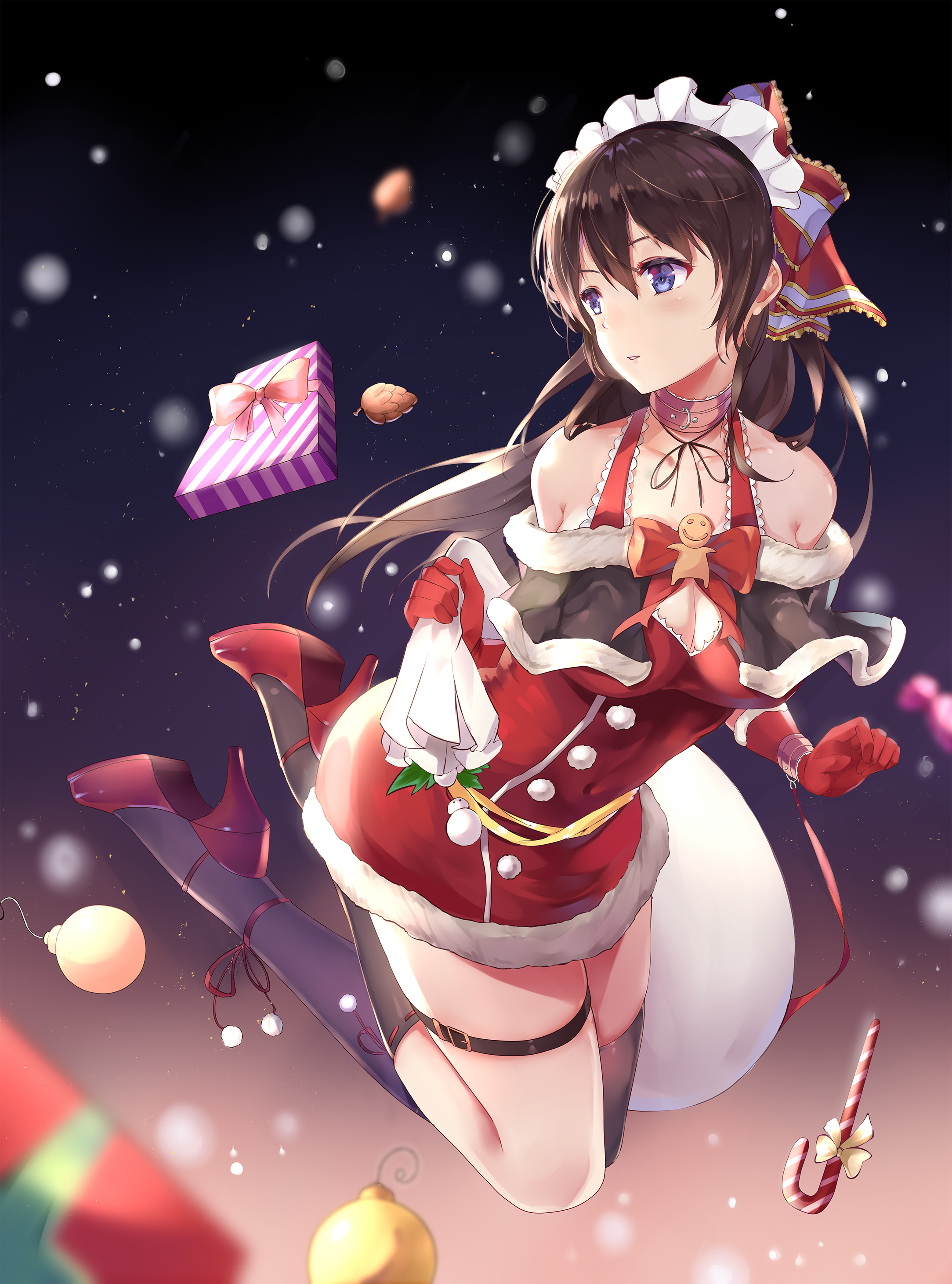 Anime 2167x2923 Christmas zombie-andy artwork anime girls Christmas clothes maid outfit brunette blue eyes