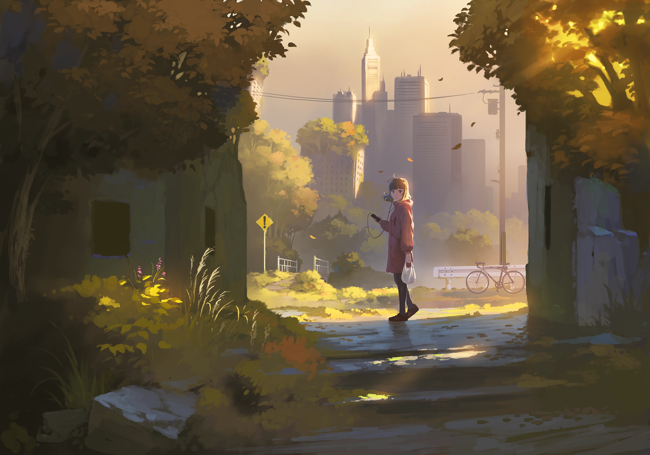 Anime 2258x1580 anime artwork fall anime girls sunlight looking at viewer standing building trees sky leaves headphones