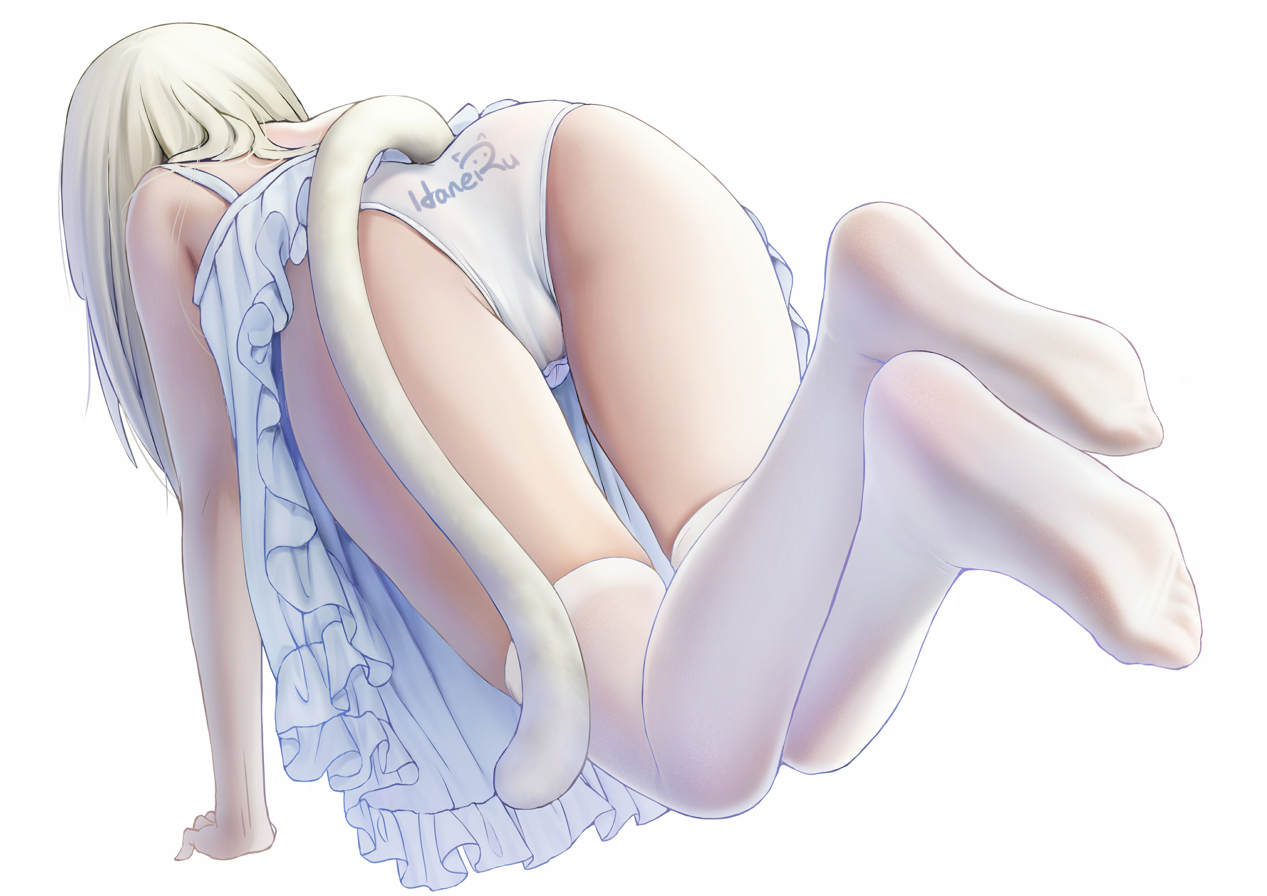 Anime 4093x2894 original characters ass panties tail thigh-highs cameltoe white background bent over blonde dress sun dress anime girls HaneRu