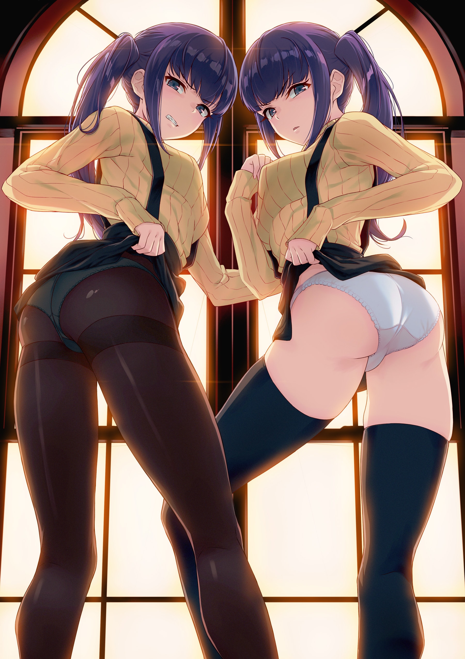 Anime 1800x2550 original characters ass panties thigh-highs purple hair twintails pantyhose lifting skirt anime girls