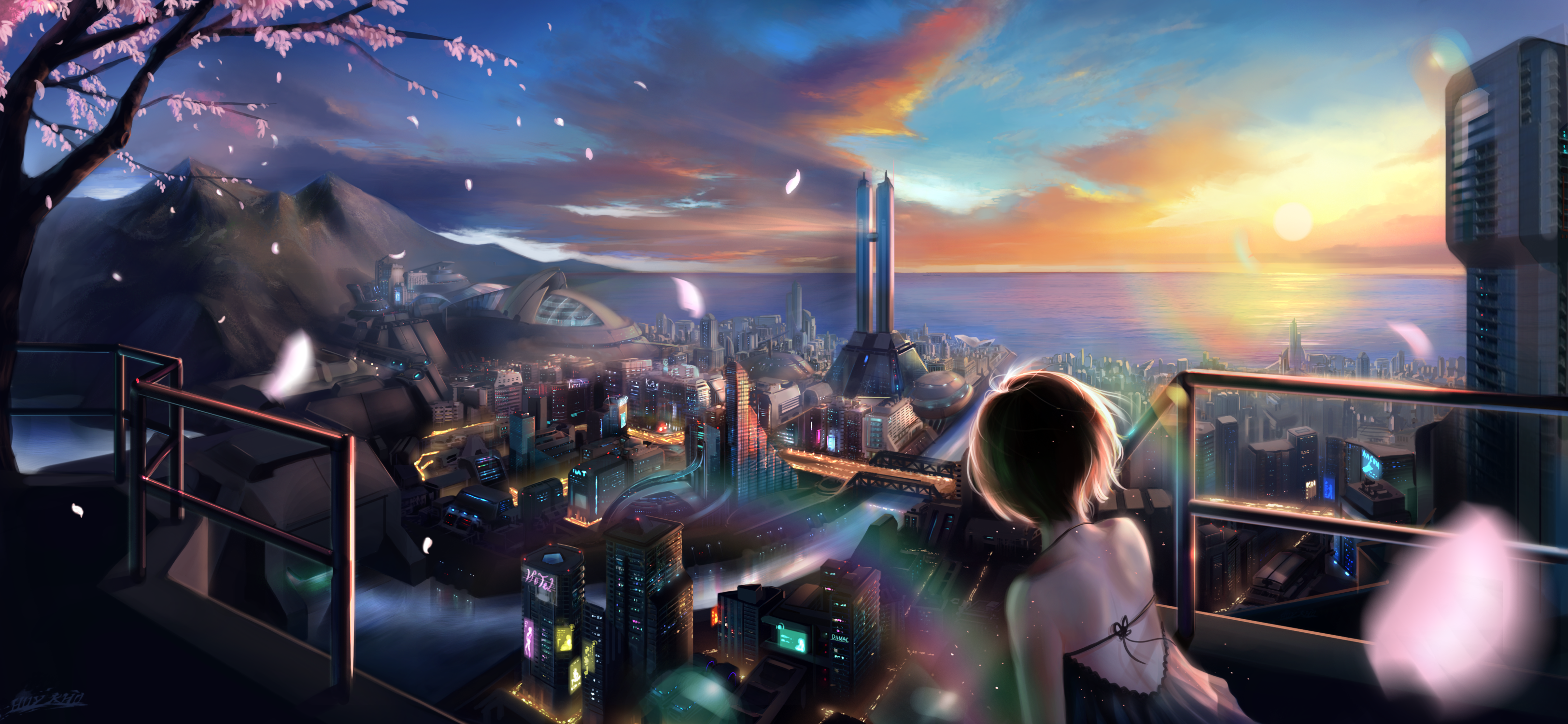Anime 3247x1500 anime anime girls metropolis  city short hair Pixiv cityscape sky