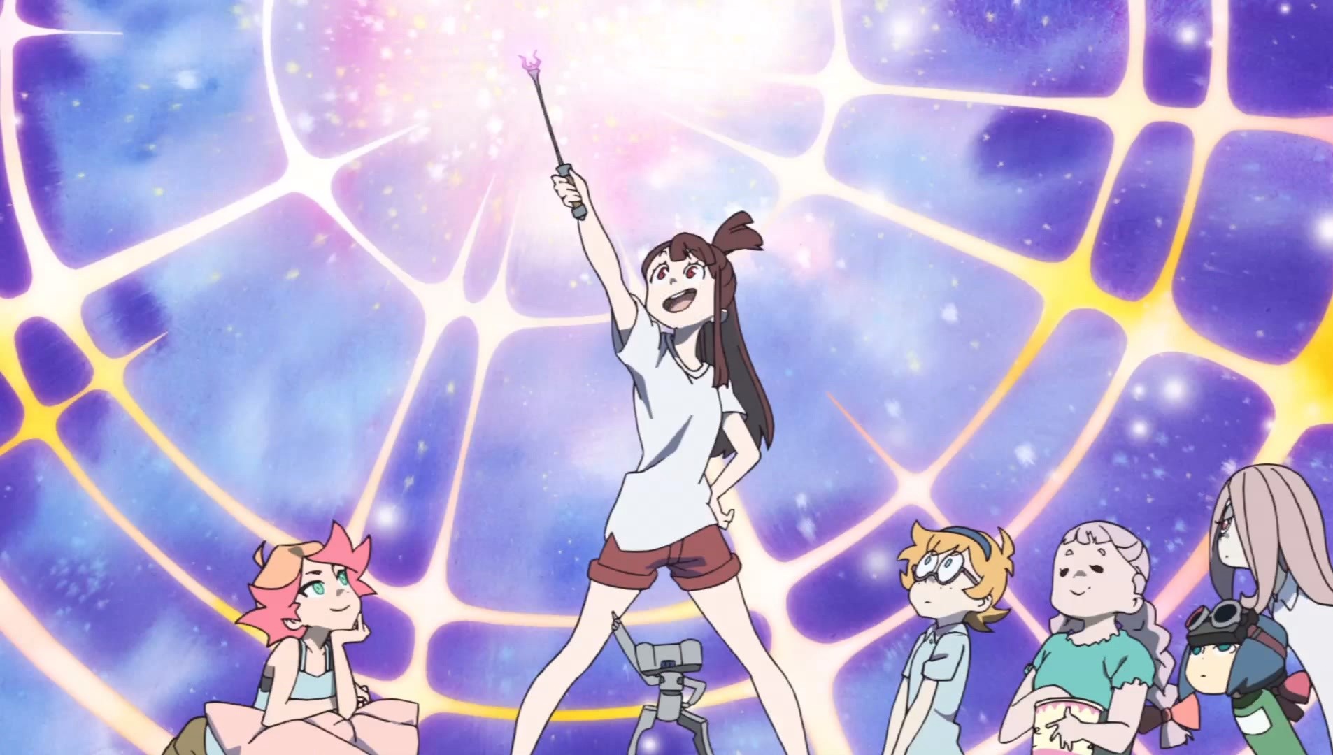 Anime 1906x1080 Little Witch Academia anime girls anime arms up open mouth brunette spread legs looking up wands pants
