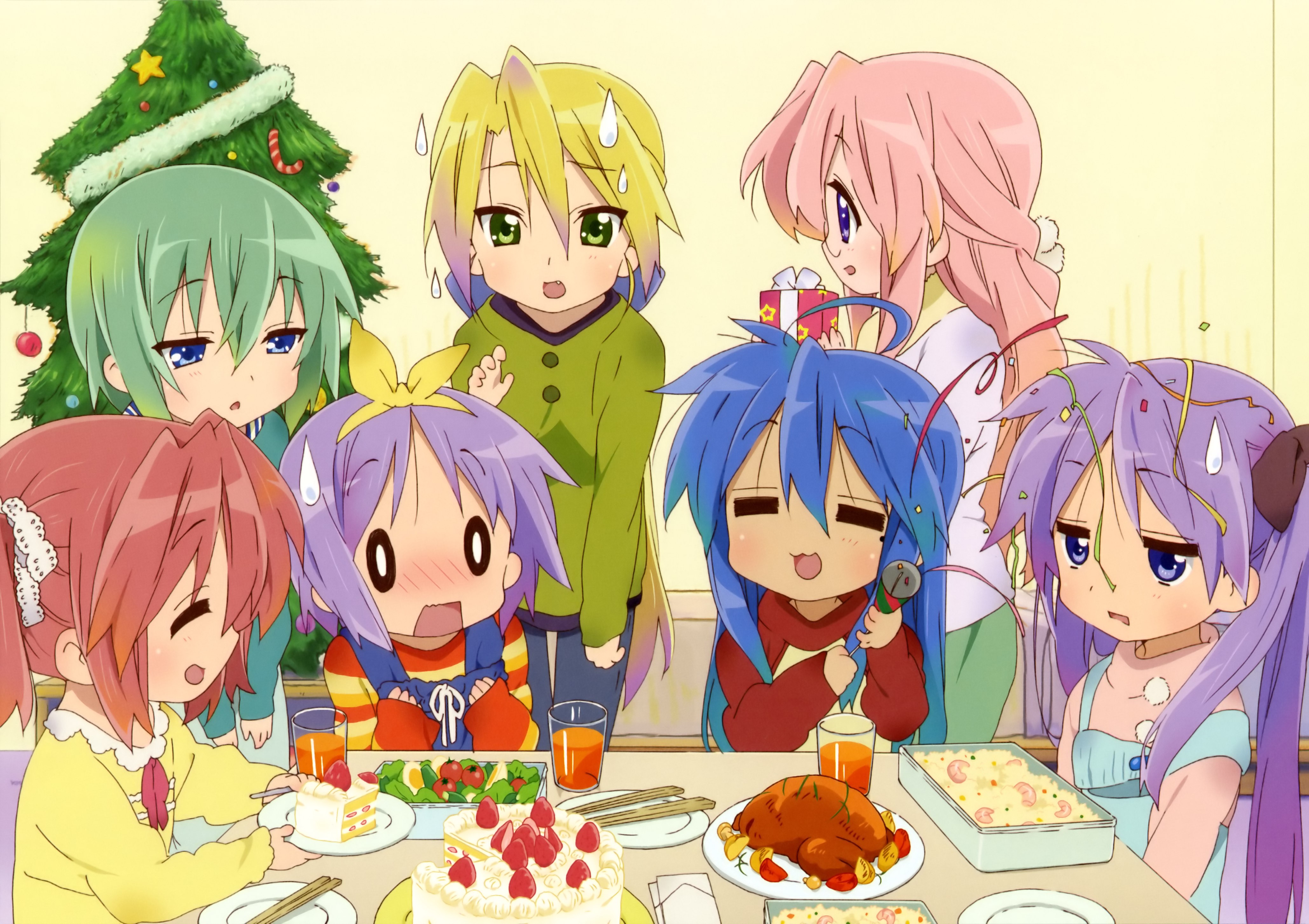 Anime 4118x2907 anime anime girls Lucky Star group of women Christmas food