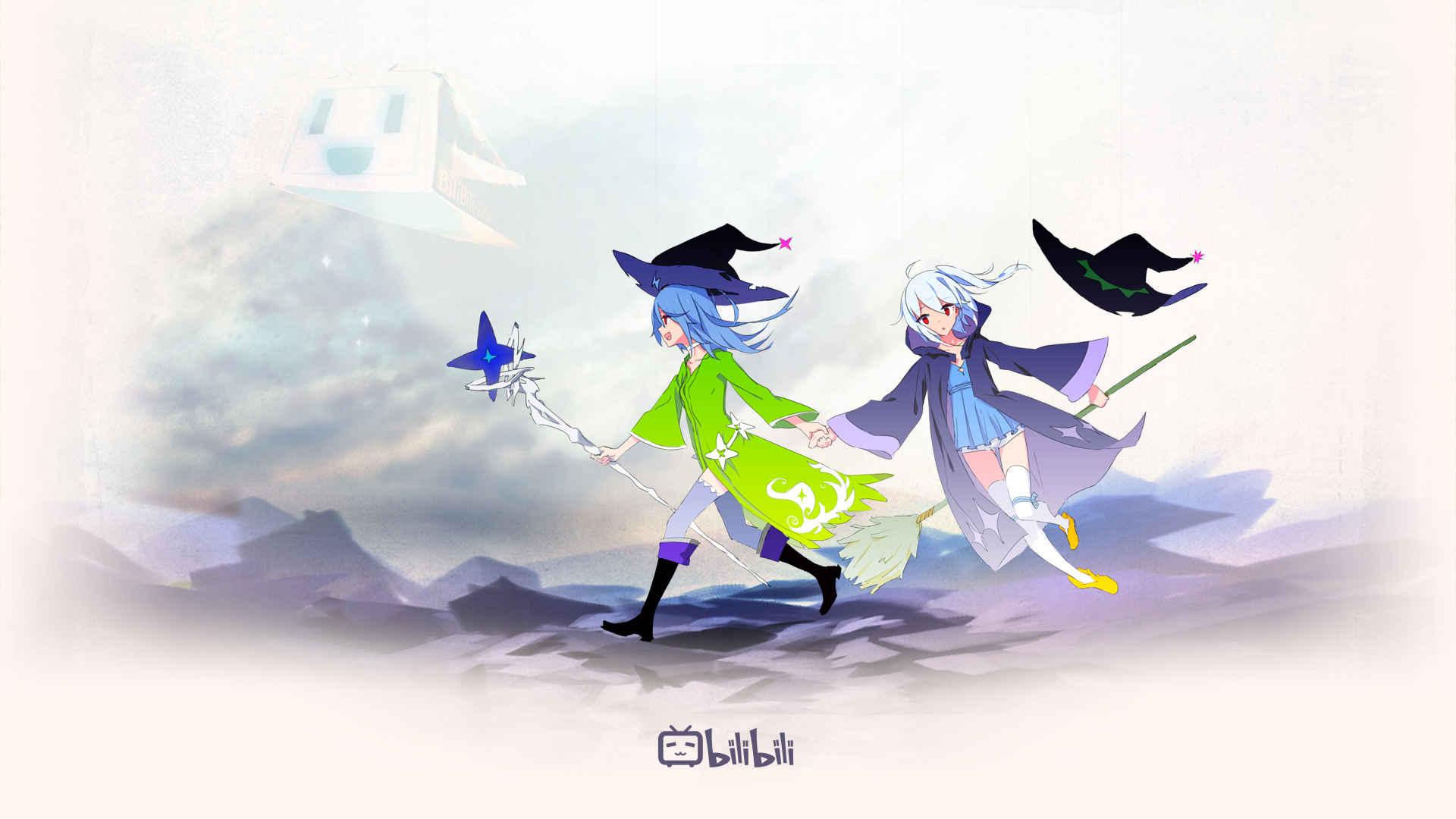 Anime 1920x1080 witch blue hair white hair red eyes anime anime girls witch hat fantasy art fantasy girl two women staff white background