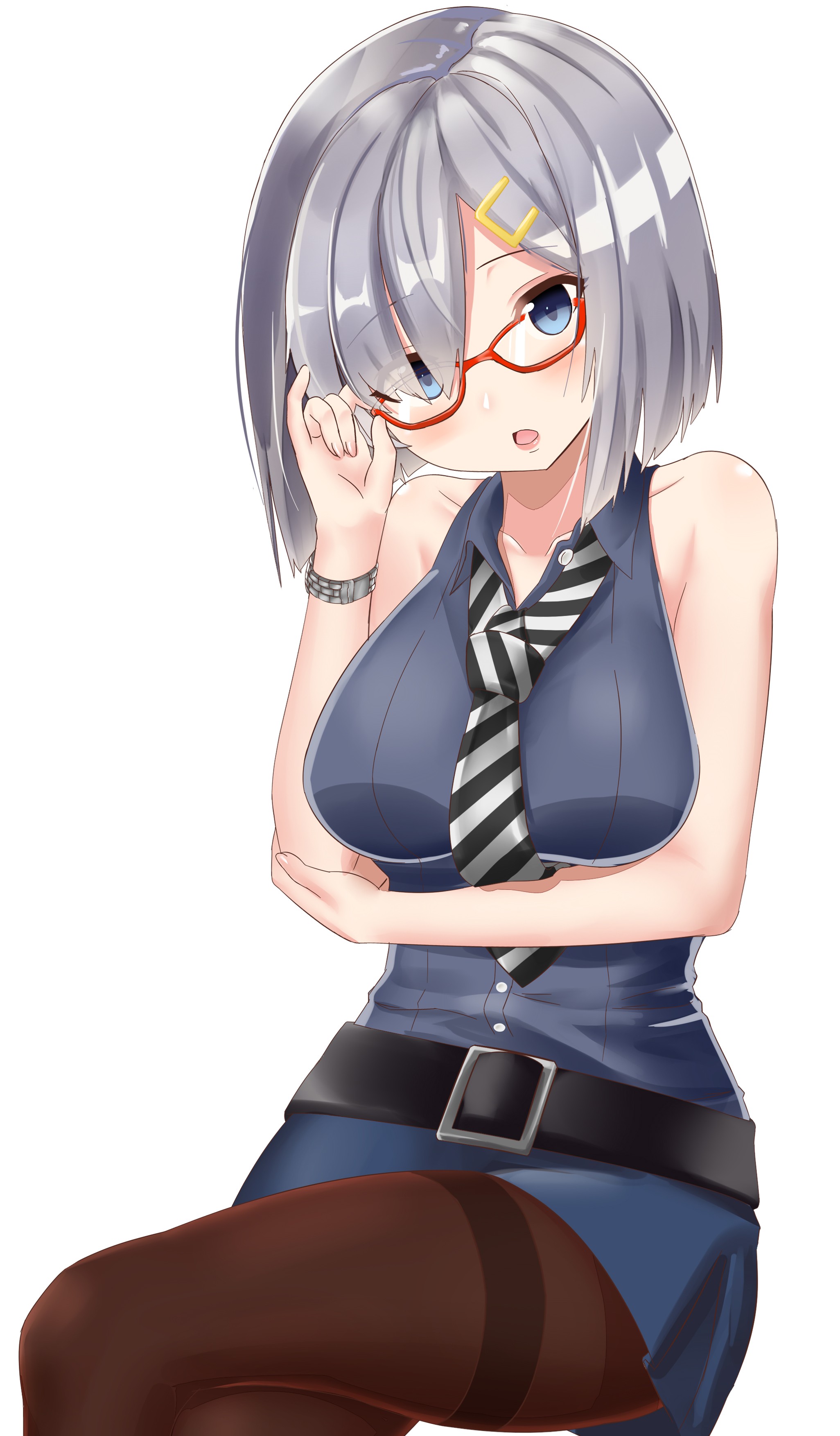 Anime 2052x3507 anime anime girls Kantai Collection Hamakaze (KanColle)  blue eyes glasses boobs tie women with glasses pantyhose black pantyhose open mouth shoulder length hair gray hair looking at viewer white background Pixiv
