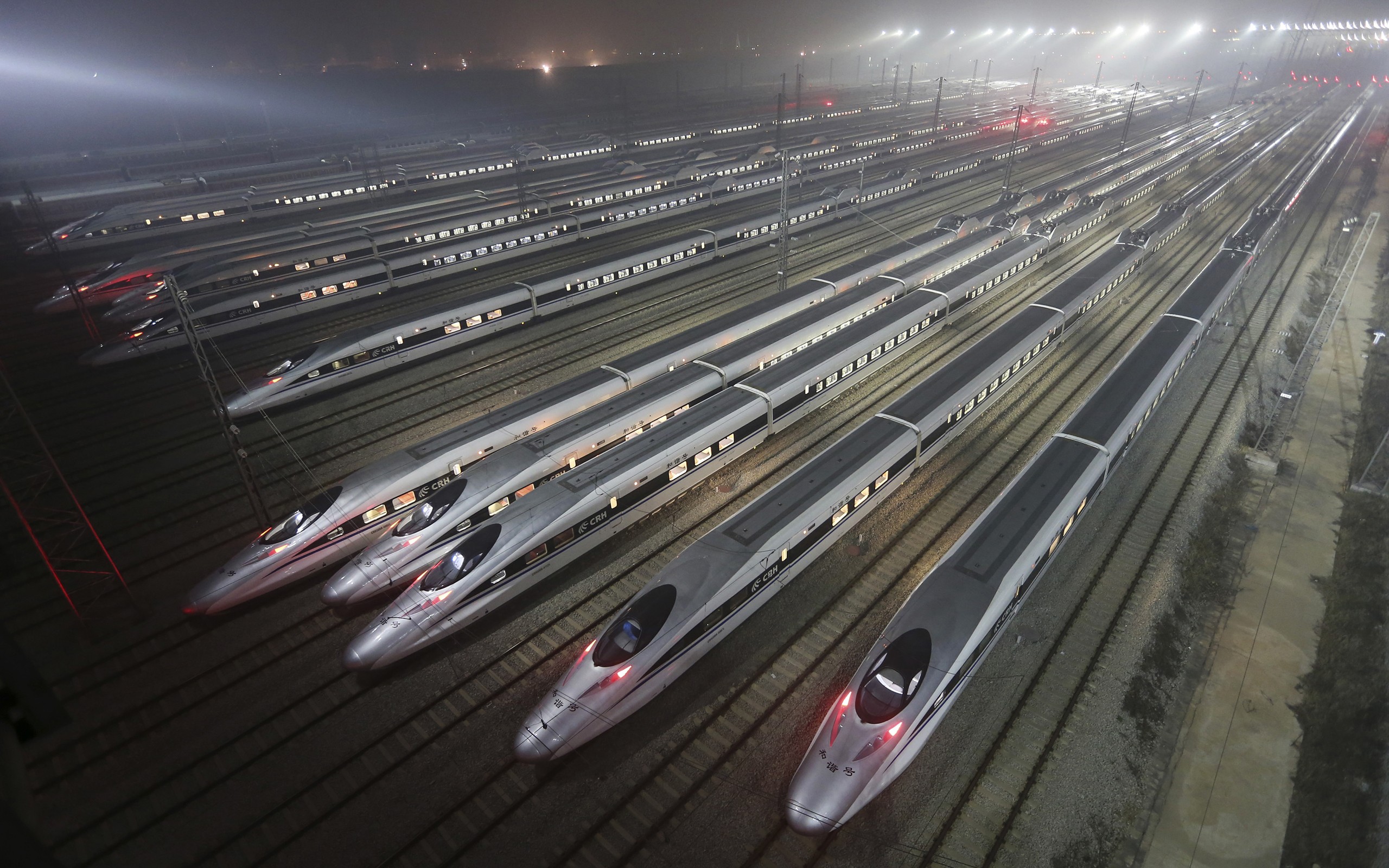 General 2560x1600 train rail yard night lights China transport mist vehicle Asia