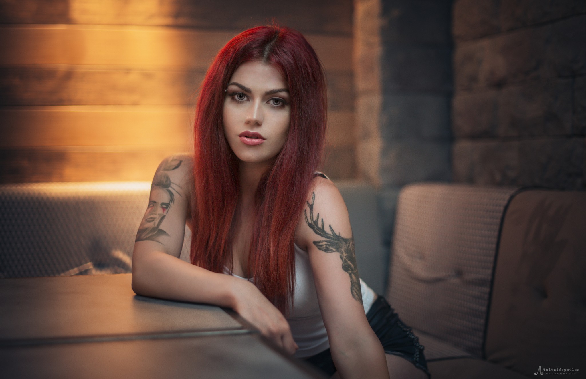 People 2048x1325 women face portrait redhead tattoo sitting jean shorts looking at viewer long hair dyed hair inked girls watermarked women indoors indoors model makeup Angelos Tzitzifopoulos