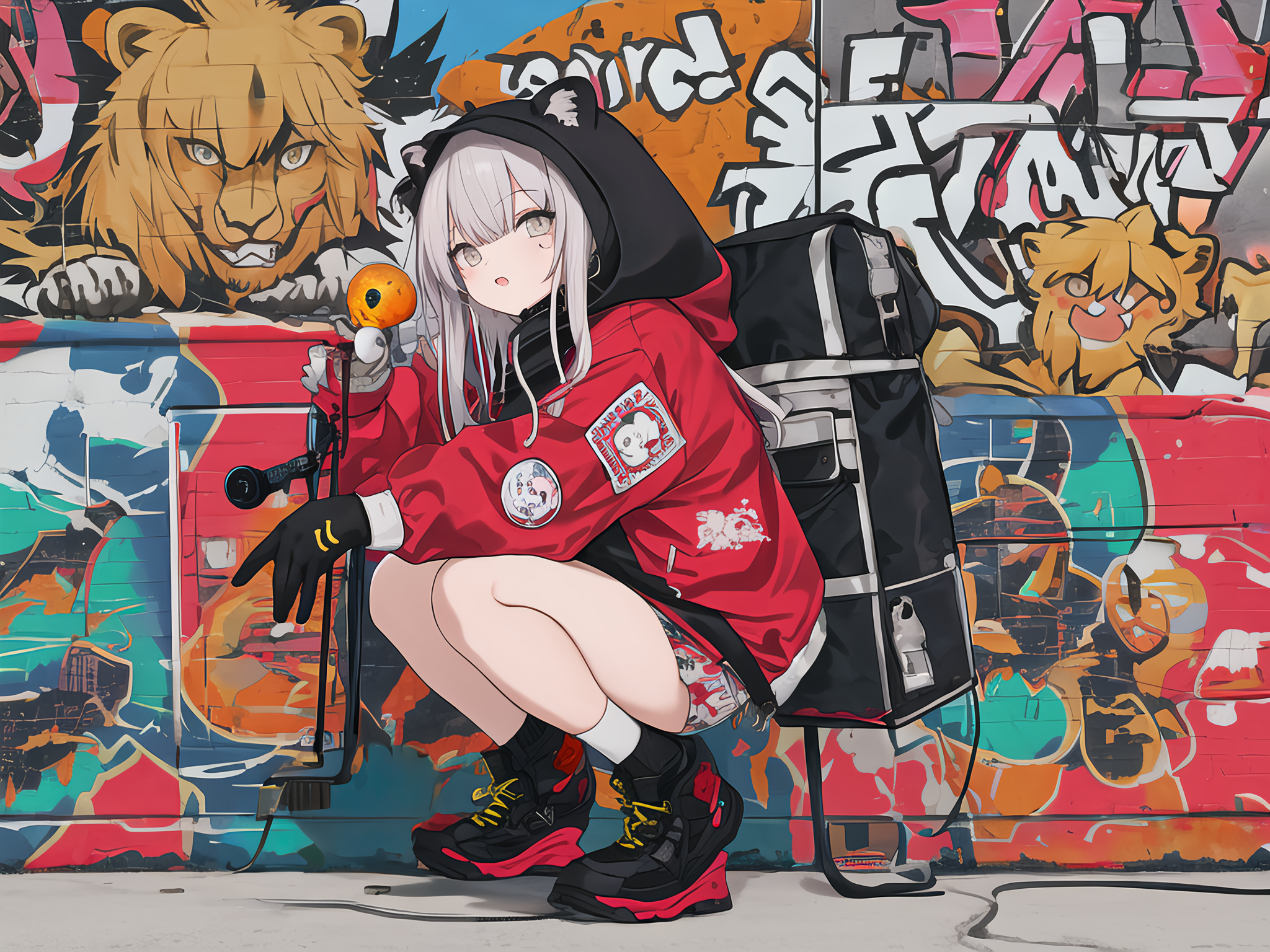 Anime 2048x1536 anime girls graffiti white hair squatting gloves backpacks shoes AI art