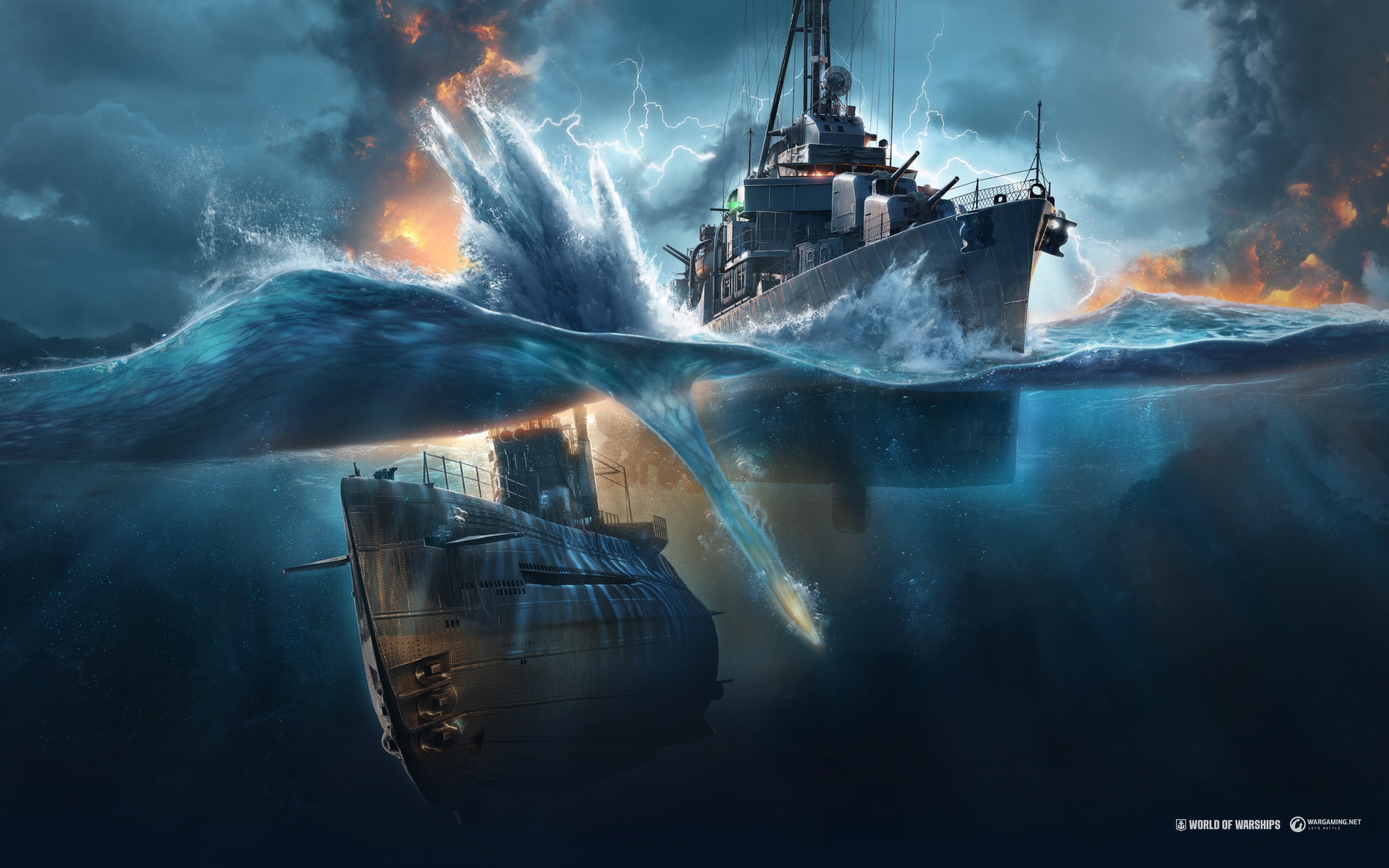General 2560x1600 World of Warships  wows warship wargaming submarine war water ship video games split view missiles