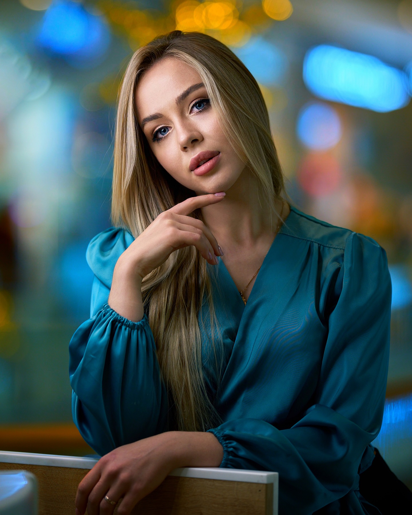 People 1440x1799 Sergey Churnosov women blonde long hair blue eyes blue clothing head tilt makeup portrait depth of field