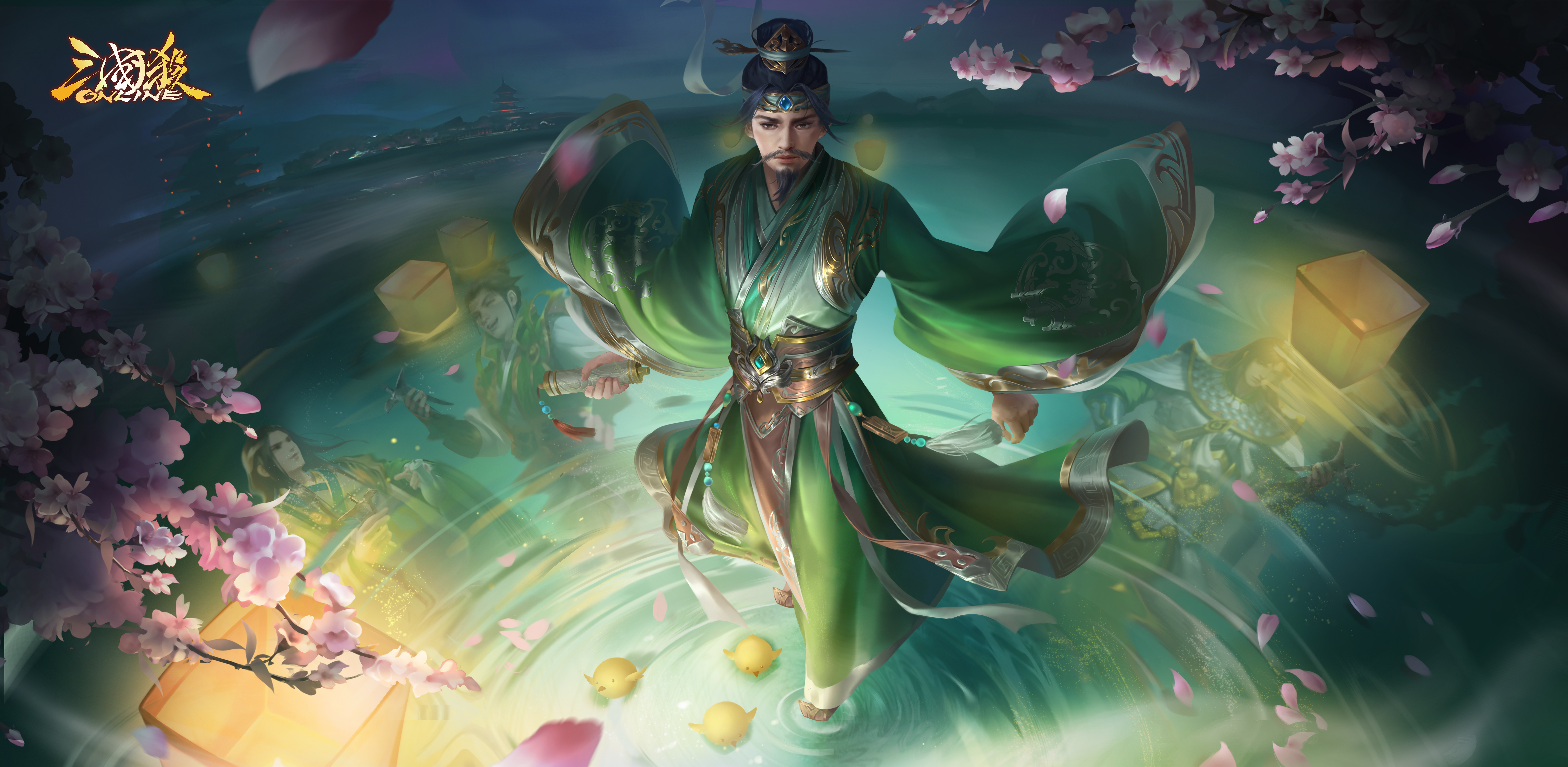 General 9000x4404 video game characters Three Kingdoms video games video game art video game men water standing in water petals flowers lights