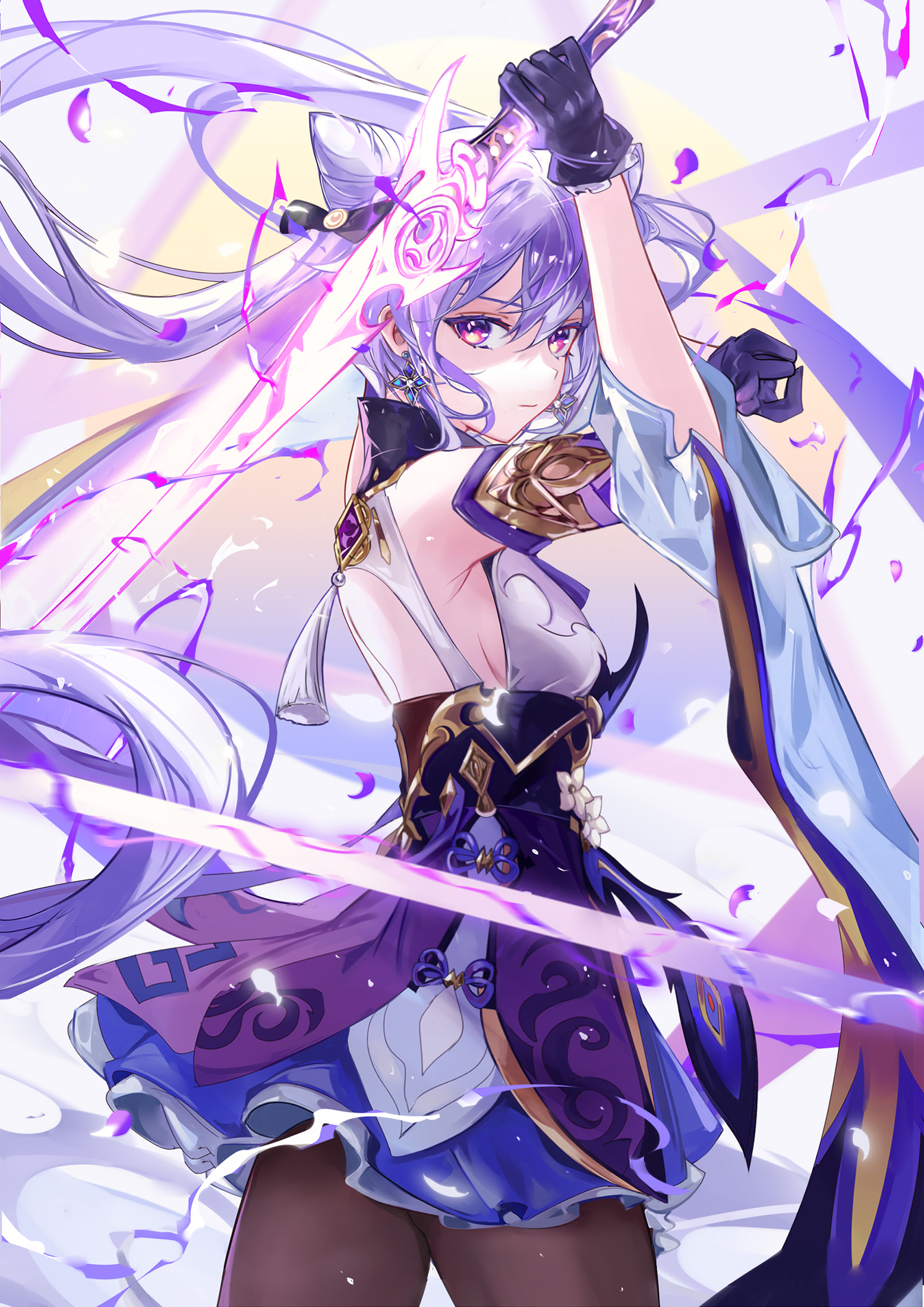 Anime 1555x2200 anime girls Genshin Impact Keqing (Genshin Impact) sword portrait display purple hair purple eyes twintails gloves petals