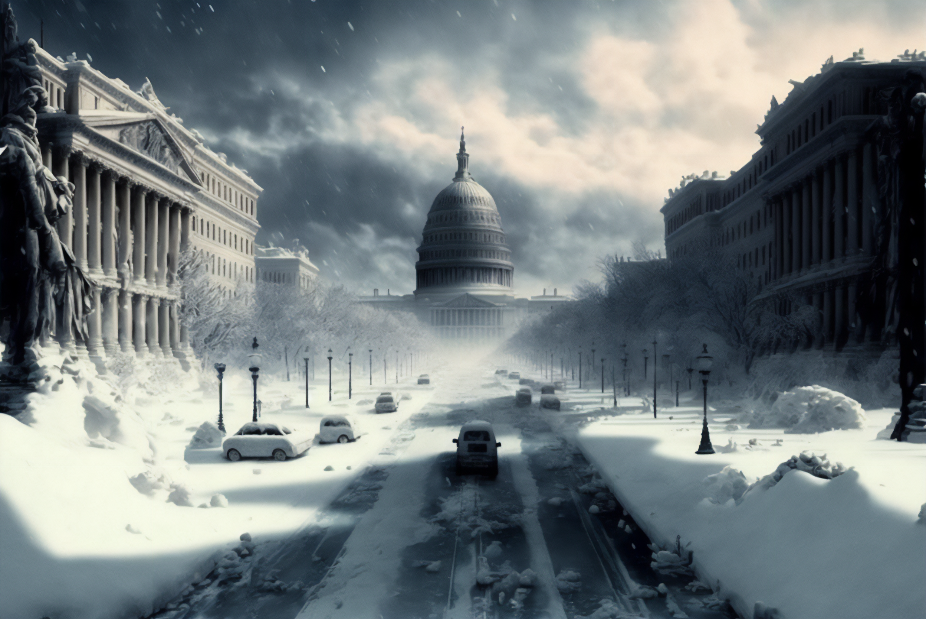 General 3060x2048 AI art winter snow city Washington United States Capitol
