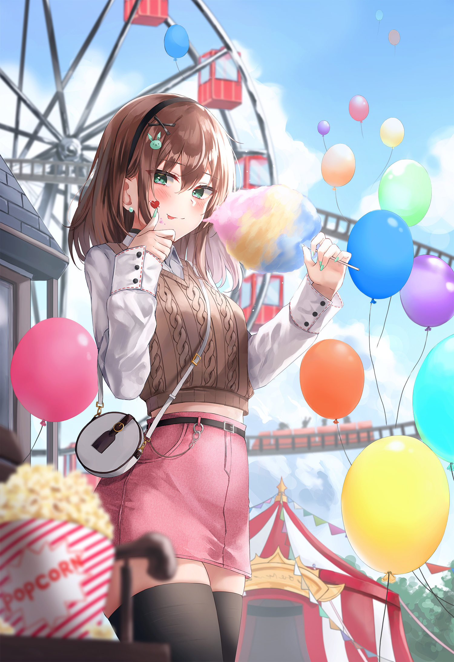 Anime 1500x2184 anime anime girls portrait display balloon cotton candy sweets popcorn tongue out blushing ferris wheel Lkeris looking at viewer women outdoors clouds hair between eyes sky standing brunette blue eyes thigh-highs black thigh highs purse