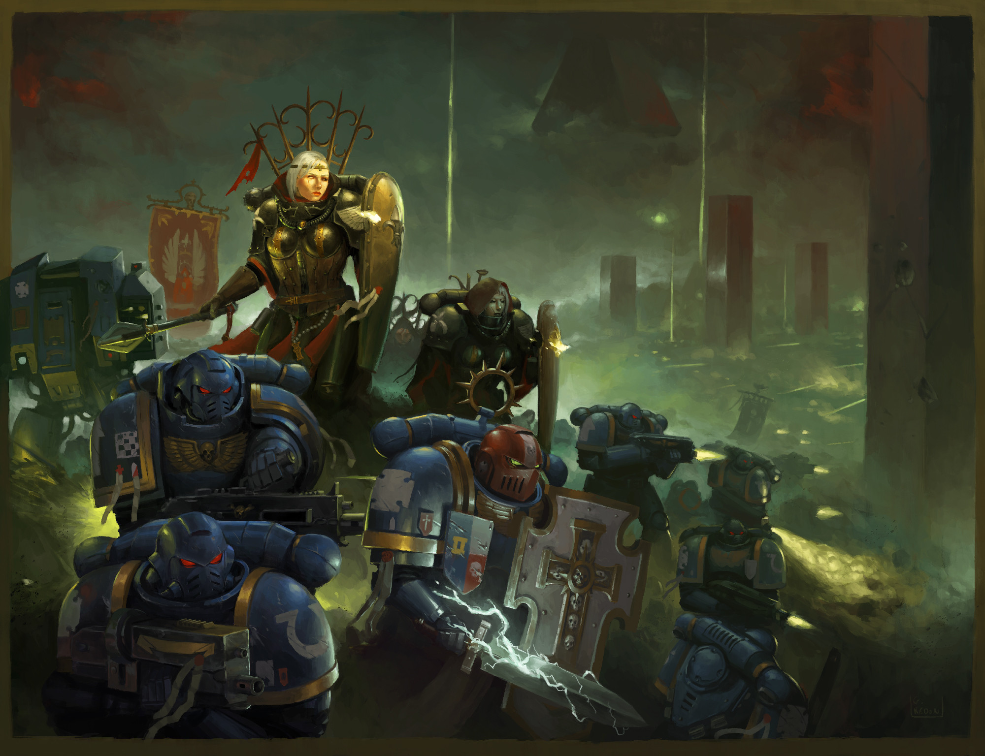 General 2000x1536 science fiction high tech Warhammer 40,000 space marines Ultramarines Necrons bolter gun battle war green gold blue white red Dreadnought power sword tomb world Sisters of Battle Adepta Sororitas video games video game art video game characters