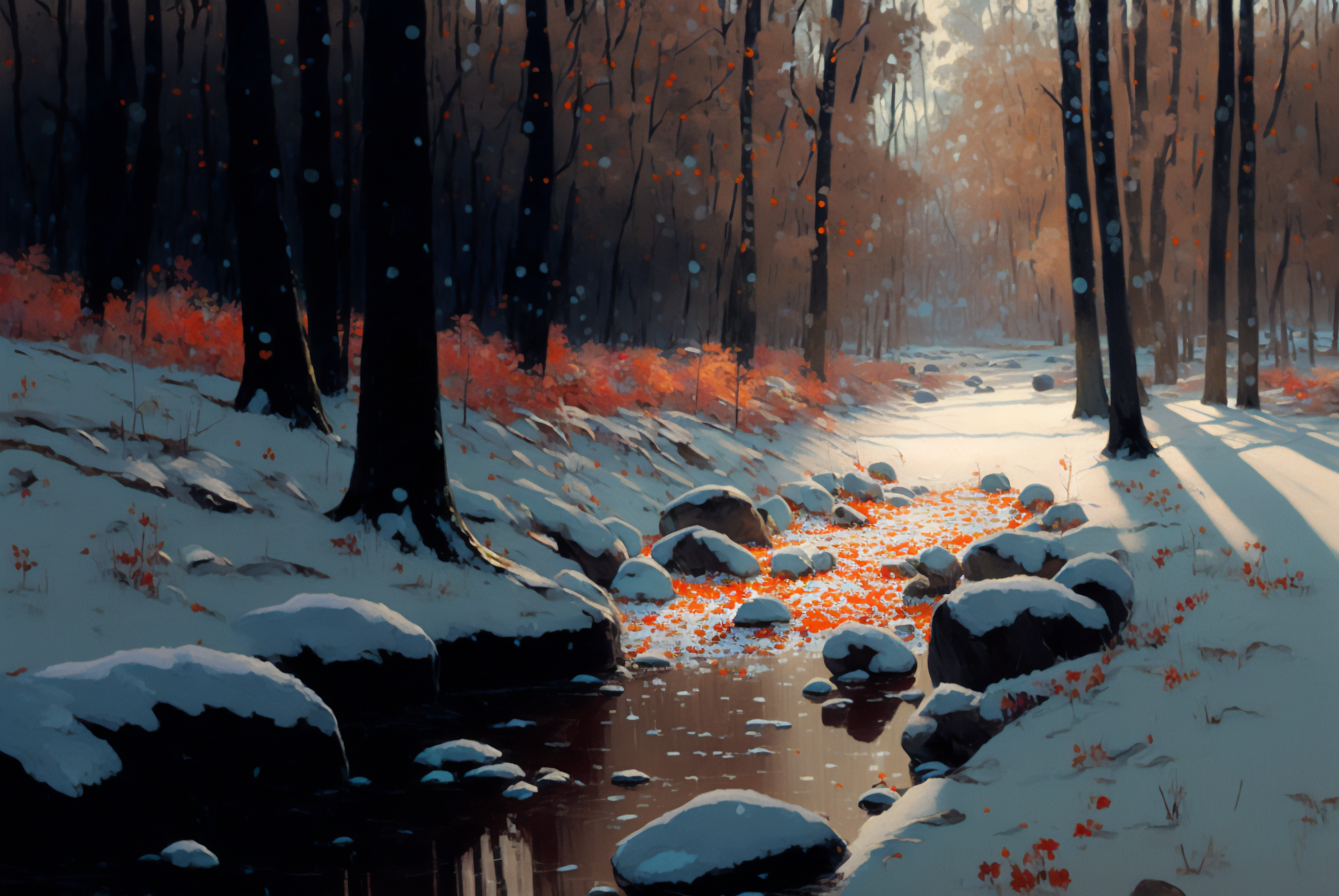 General 3060x2048 AI art snow spring stream forest rocks water trees nature