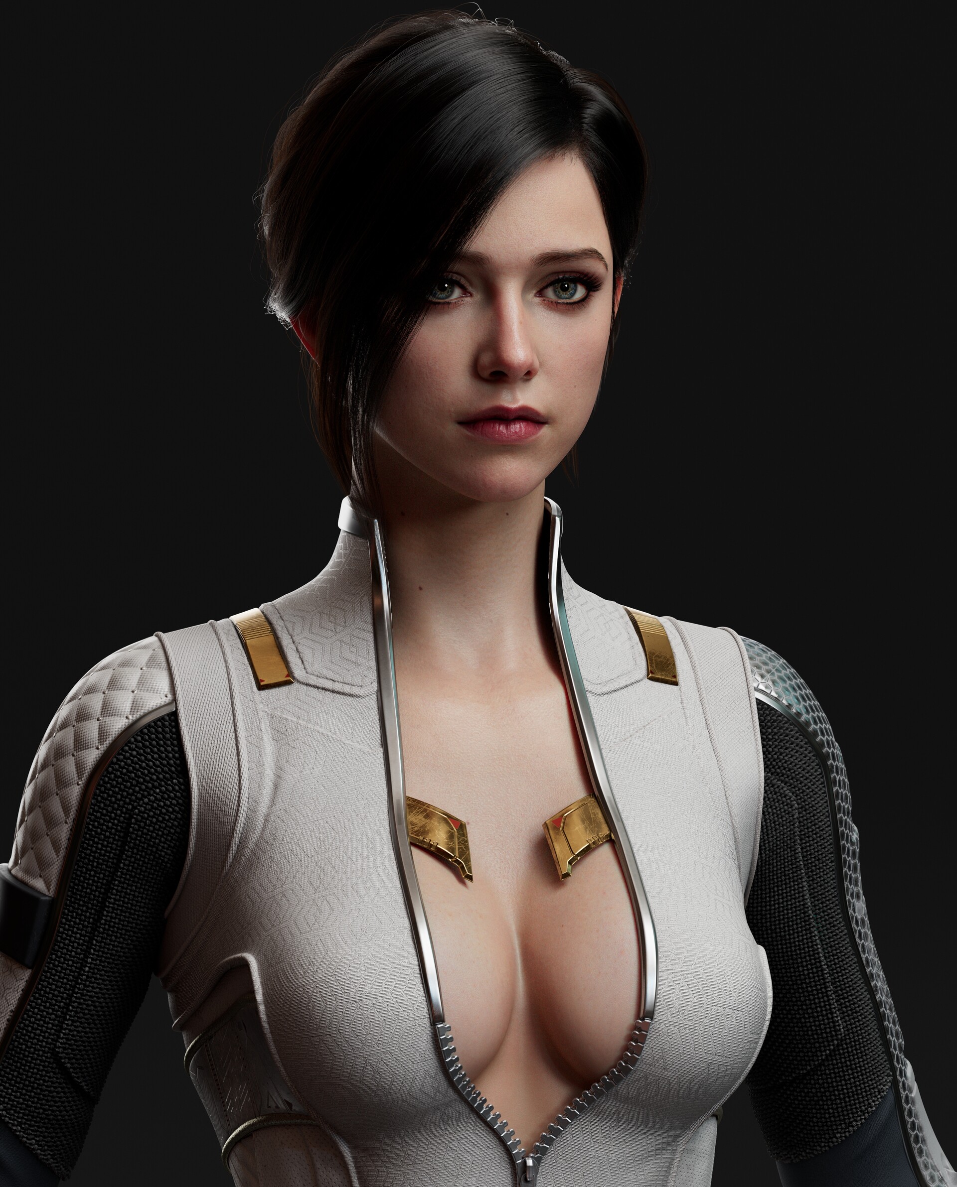 General 1920x2383 Dong Liuhao women dark hair unzipped simple background gold science fiction CGI boobs open clothes