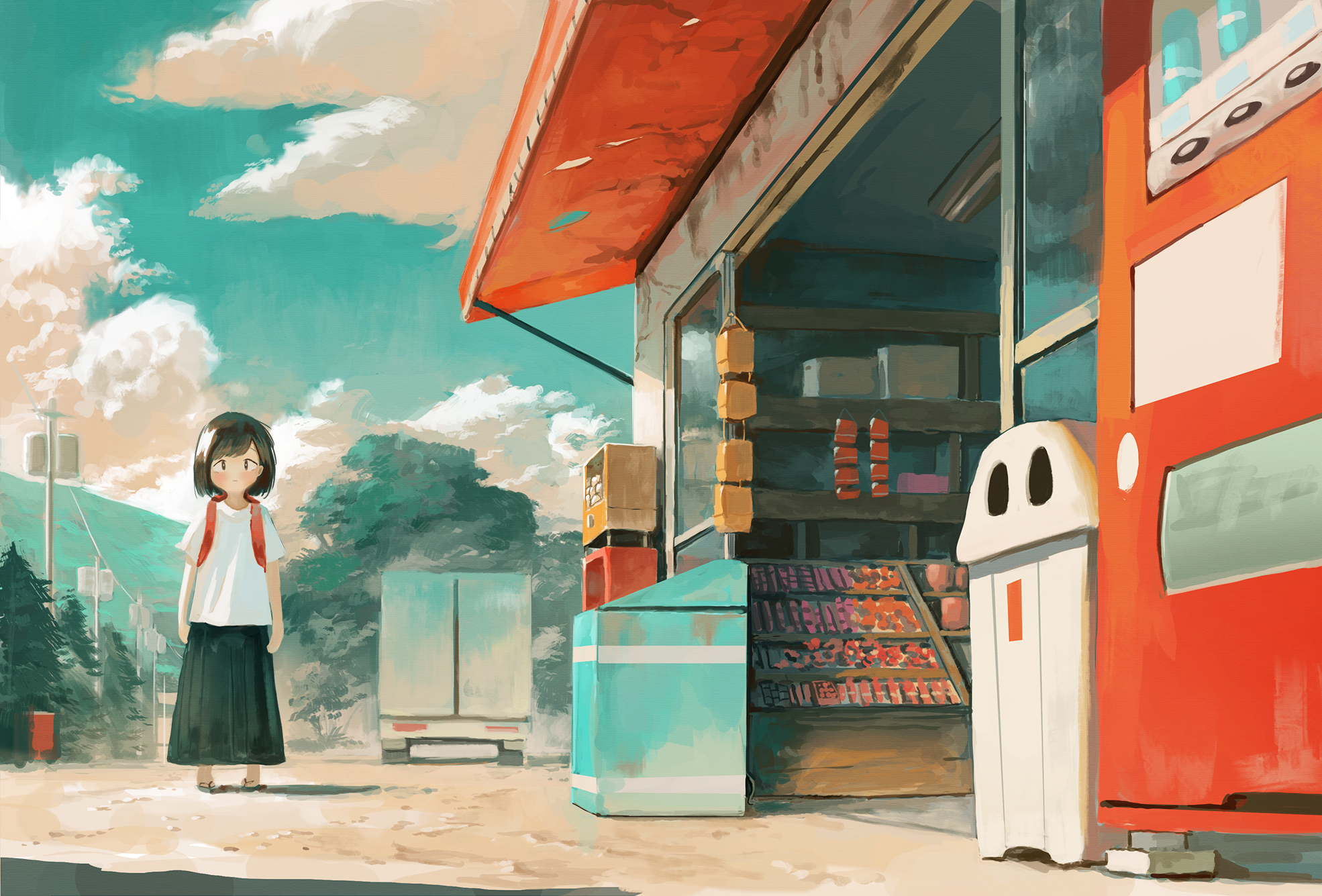 Anime 1970x1335 anime anime girls vending machine schoolgirl school uniform clouds stores