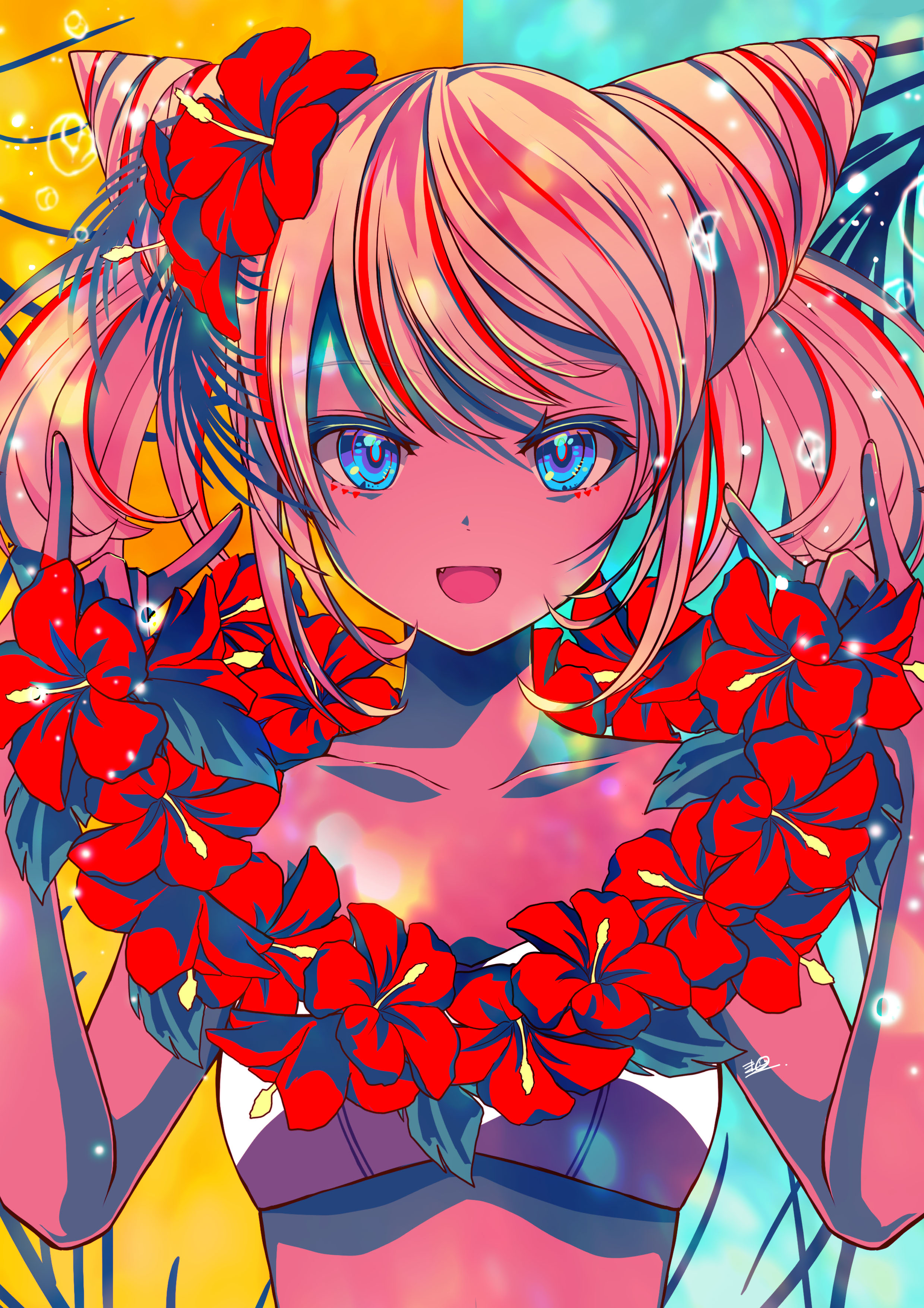 Anime 2480x3508 anime girls colorful flowers portrait display flower in hair hibiscus blue eyes frontal view smiling multi-colored hair