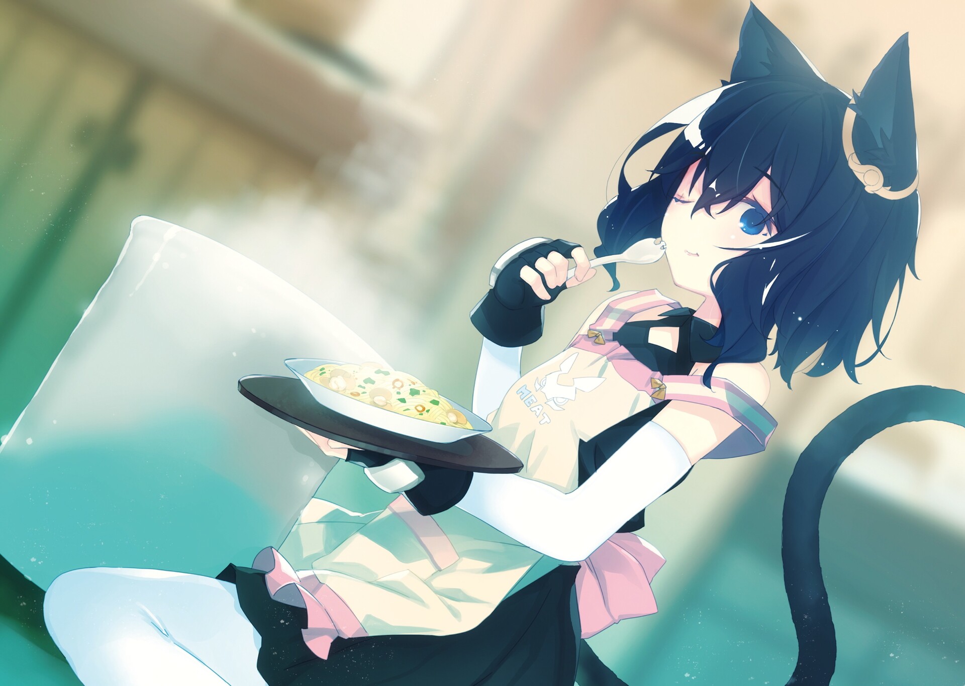 Anime 1920x1365 Reincarnated as a Sword Fran (Reincarnated as a Sword) cat girl anime girls eating anime girls cat ears cat tail one eye closed food anime food