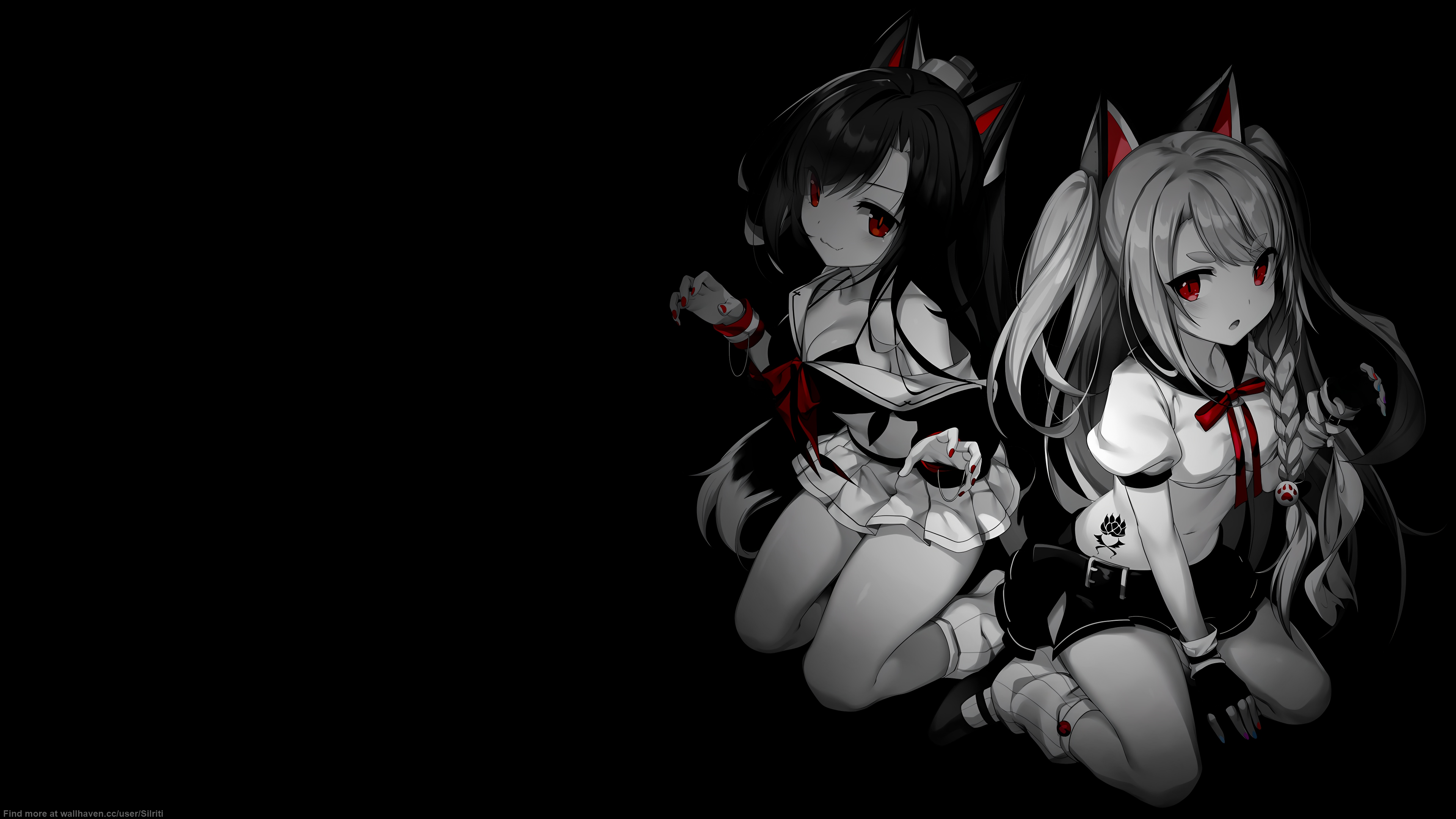 Anime 3840x2160 selective coloring black background anime girls minimalism fox girl fox ears fox tail gloves fingerless gloves braids smiling cleavage big boobs simple background long hair